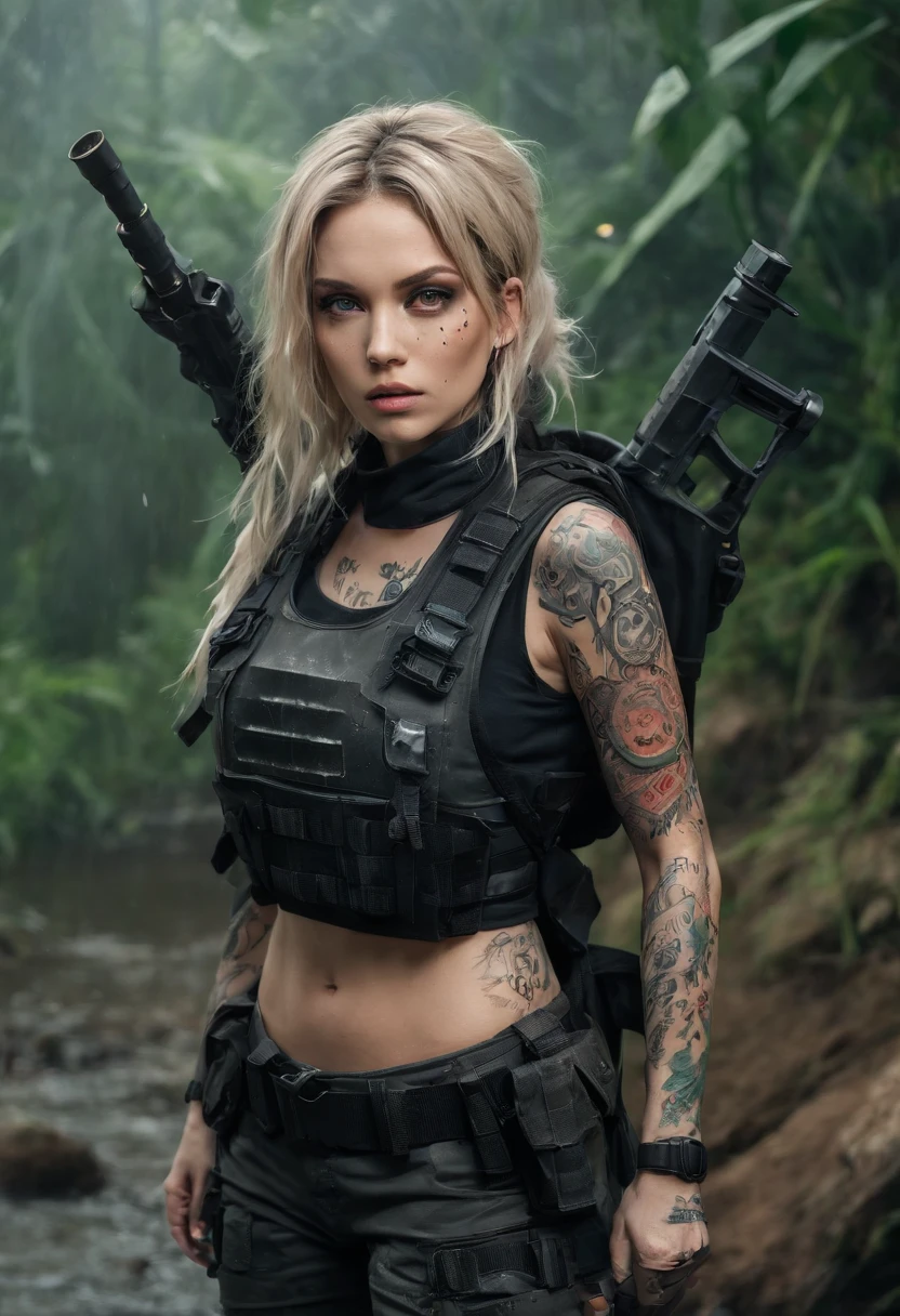 Postapocalyptic combat scene of a Beautiful female soldier On Patrol, In a Jungle, Walking down a Stream, (((with Runic tattoos))), ((dirty face)), (((wearing Black Full mecha armor, combat harness, Neon highlights, holding a assault rifle))) Short Blonde Dreadlocks, combat pose, (((Walking along a stream in a jungle, Fires, Smoke, debris, Camo netting, Ammo Boxes, Rain, Stormy, Wet, abstract beauty, near perfection, burning scene in the background,