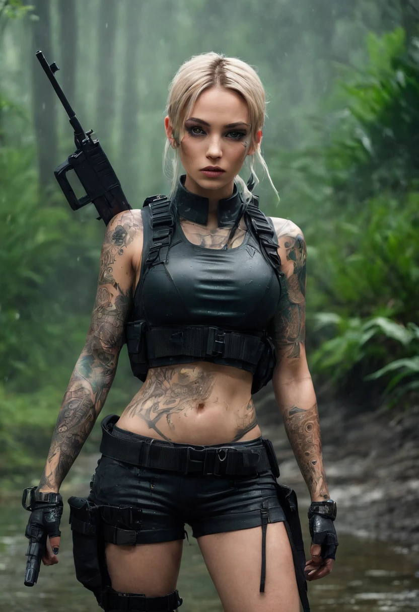 Postapocalyptic combat scene of a Beautiful female soldier On Patrol, In a Jungle, Walking down a Stream, (((with Runic tattoos))), ((dirty face)), (((wearing Black Full mecha armor, combat harness, Neon highlights, holding a assault rifle))) Short Blonde Dreadlocks, combat pose, (((Walking along a stream in a jungle, Fires, Smoke, debris, Camo netting, Ammo Boxes, Rain, Stormy, Wet, abstract beauty, near perfection, burning scene in the background,