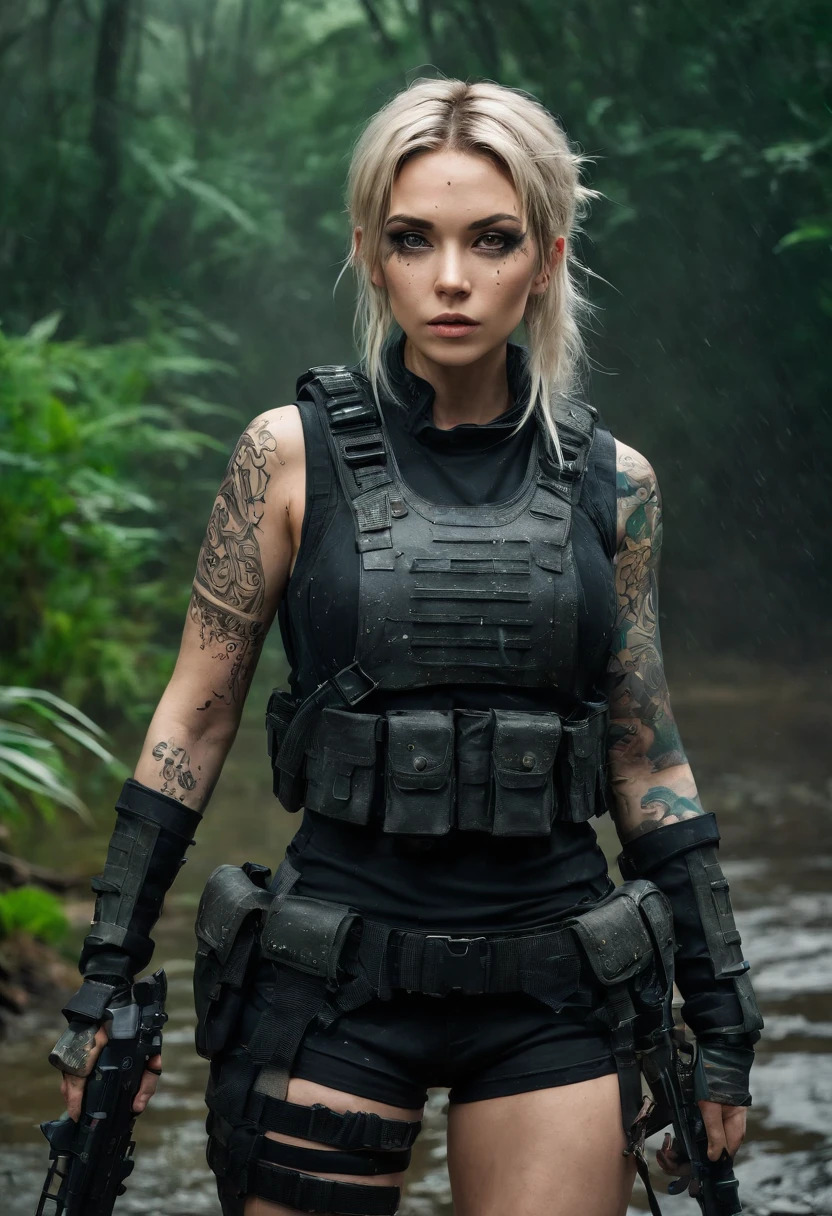 Postapocalyptic combat scene of a Beautiful female soldier On Patrol, In a Jungle, Walking down a Stream, (((with Runic tattoos))), ((dirty face)), (((wearing Black Full mecha armor, combat harness, Neon highlights, holding a assault rifle))) Short Blonde Dreadlocks, combat pose, (((Walking along a stream in a jungle, Fires, Smoke, debris, Camo netting, Ammo Boxes, Rain, Stormy, Wet, abstract beauty, near perfection, burning scene in the background,