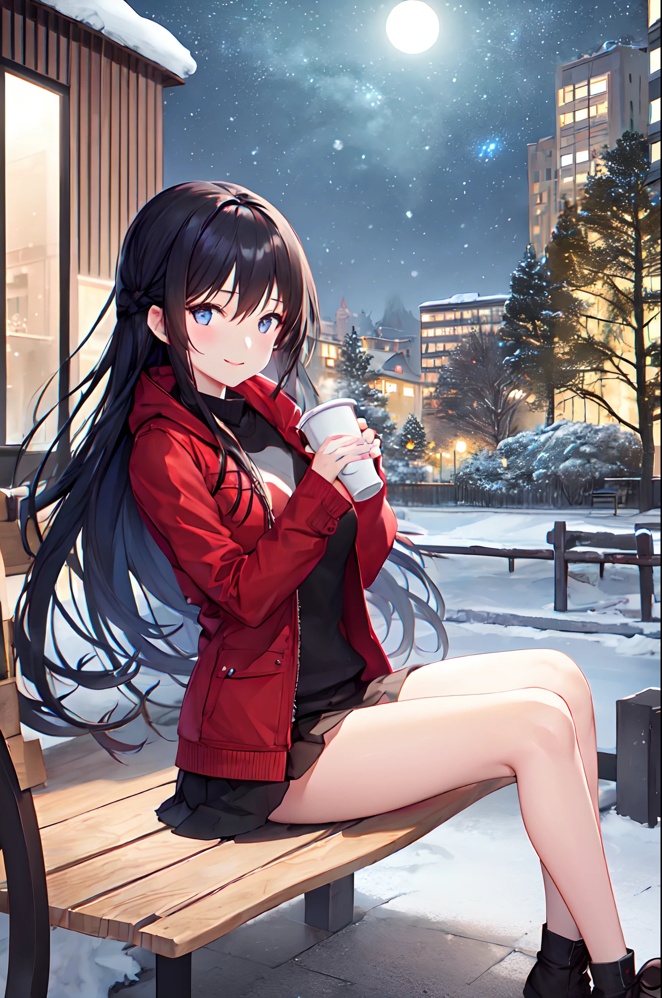 1girl, winter, Holding a cup of coffee in your hands, red jacket, Upskirt, black tights, Ultra Detailed, Background, black hair, blue eyes, Smile, snowing, straight hair, detailed legs, octans, skye, Star(skye), scenery, Starry sky, night time, night  sky, exteriors, building, Cloud, the Milky Way, sitting, a tree, City, silhouette, urban landscape, moon light
