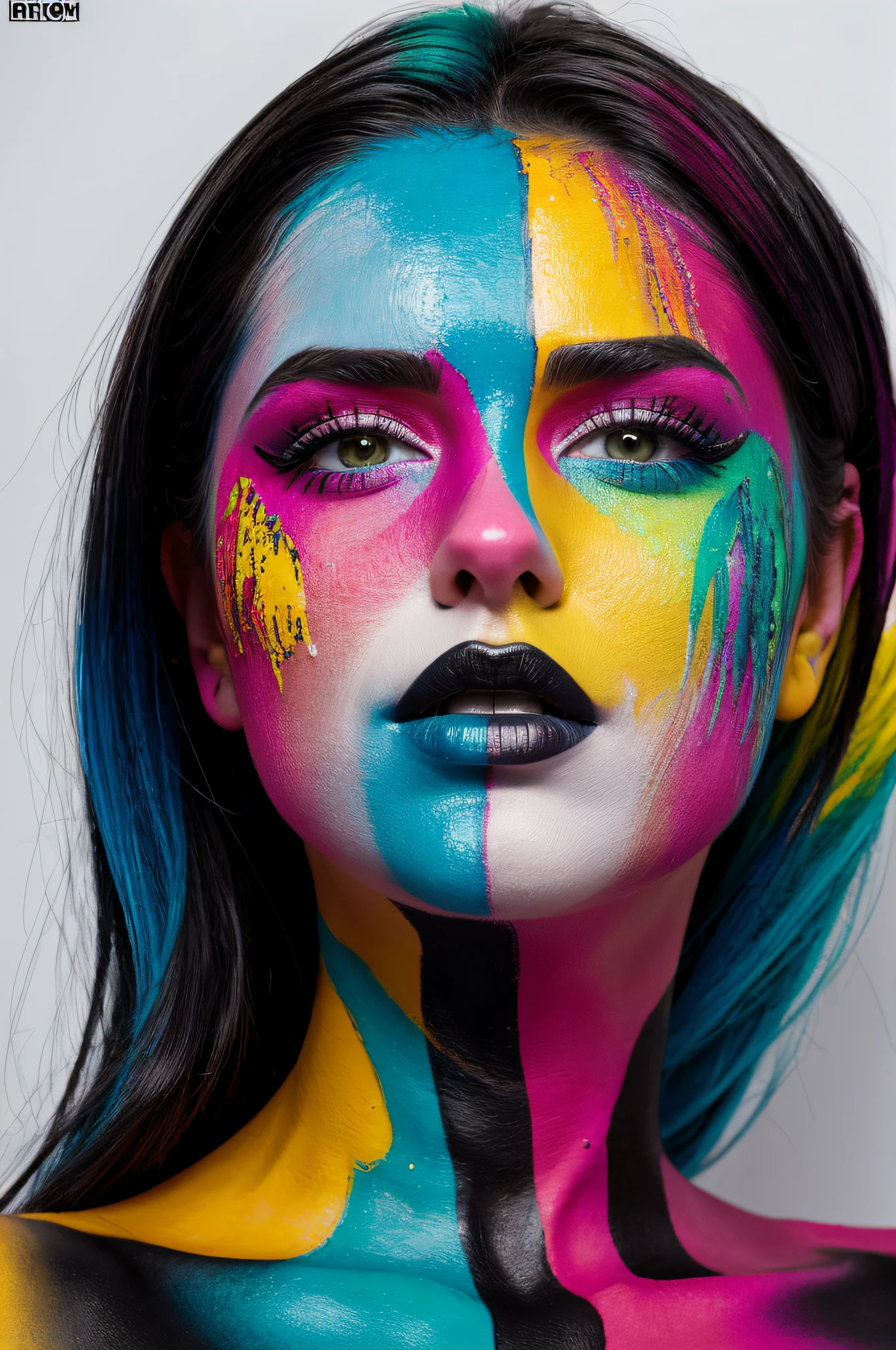 hyper realistic Margaret Qualley with a face made up like the rock band Kiss, like Gene Simmons or Paul Stanley made up like when they play on stage in concerts, face make up black and white Kiss style, Gene Simoons Kiss make up, with all bodies totally animal stripes BODYPAINTED, NO SKIN WITHOUT PAINT, one after the other, 35mm professional photo, entire faces covered with colorfull paint, entire body covered with colorfull paint, bra full covered with own hands, the girl behind holds the body of the girl in front, nipple and fully covered with painting, x-shaped tape to cover, visible paint grain and texture, with alternating brushstrokes, WITH DIFFERENT BRUSHING TECHNIQUES, DIFFERENT PAINTING TECHNIQUES, visible paint texture, modern, loft painting, very stylish, high definition, 16k, with many colors, orange, pink, yellow, red, blue, white, light blue, light green, acid green, ultra detailed, breast covered with hands, real visible brush strokes, modern art, masterpiece, total bodypaint, total bosy with paint, breast covered with hands, all body painted with colorfull paint, TOTAL BODYPAINT, wall on backgroung total abstact painted face the wall not visibile, DRESS WITH THIN VERY TIGHT LEOTARD SKINSUIT, with all bodies totally animal stripes BODYPAINTED, NO SKIN WITHOUT PAINT, 35 mm professional photo, entire faces covered with colorfull paint, entire body covered with colorfull paint, bra full covered with own hands, Gene Simmons Vampire blavk and white face make up, nipple and fully covered with painting, x-shaped tape to cover, visible paint grain and texture, with alternating brushstrokes, WITH DIFFERENT BRUSHING TECHNIQUES, DIFFERENT PAINTING TECHNIQUES, visible paint texture, modern, loft painting, very stylish, high definition, 16k, with many colors, orange, pink, yellow, red, blue, white, light blue, light green, acid green, ultra detailed, real visible brush strokes, modern art, masterpiece, total bodypaint, total body with paint, PROFESSIONAL PHOTO,
