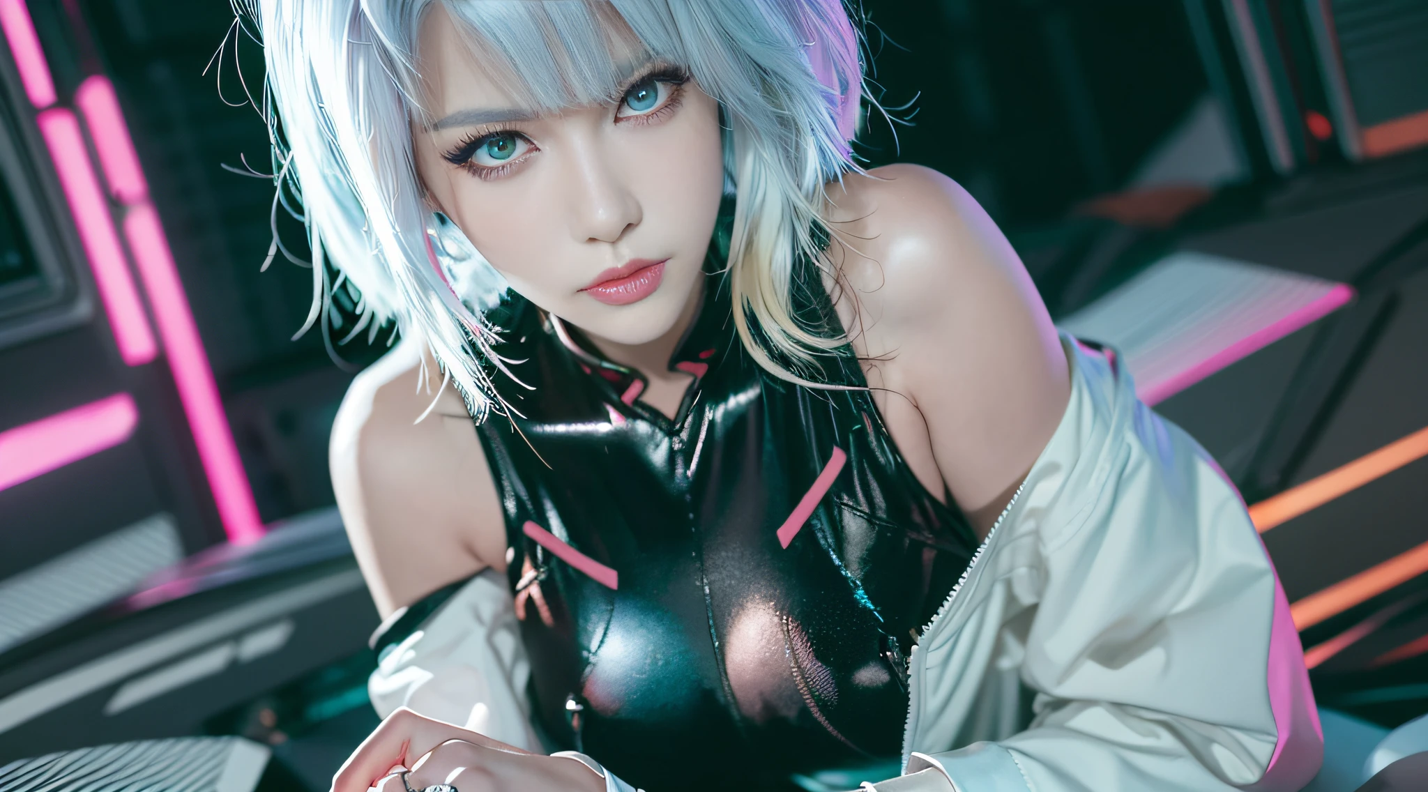 cyberpunk edgerunners, 1girl, lucy \(cyberpunk\), bare shoulders, blue eyes, breasts, leotard, looking at viewer, medium breasts, off-shoulder jacket, off shoulder, red eyeliner, short hair, sleeveless turtleneck leotard, solo, turtleneck leotard, white hair, ((masterpiece))