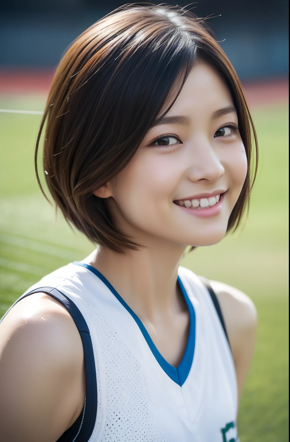 18 years old, Cute type, Young face, Big round eyes, Troubled face, Japanese Girls ,  (smile:1.2),  Gym suit, (Blue long sleeve hoodie), Food , (nude), Thin thighs,Thin waist, Thin thighs, Thin legs, Long legs, Very short hair , Short Bob, slender body, (High color saturation:1.0),  (Very detailedな肌), (highest quality:1.0), (Ultra-high resolution:1.0) ,(Realistic:1.0), (Very detailed:1.0), (8k, RAW Photos:1.1), ((locker room:1.3)),inverted nipples,