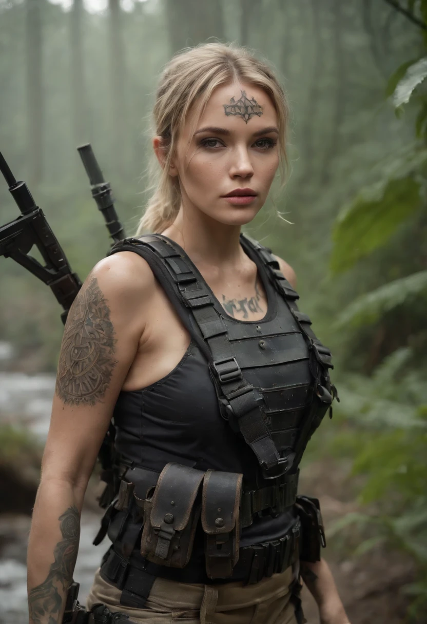 Postapocalyptic combat scene of a Beautiful female soldier On Patrol, In a Jungle, Walking down a Stream, (((with Runic tattoos))), ((dirty face)), (((wearing Black Full mecha armor, combat harness, Neon highlights, holding a assault rifle))) Short Blonde Dreadlocks, combat pose, (((Walking along a stream in a jungle, Fires, Smoke, debris, Camo netting, Ammo Boxes, Rain, Stormy, Wet, abstract beauty, near perfection, burning scene in the background,