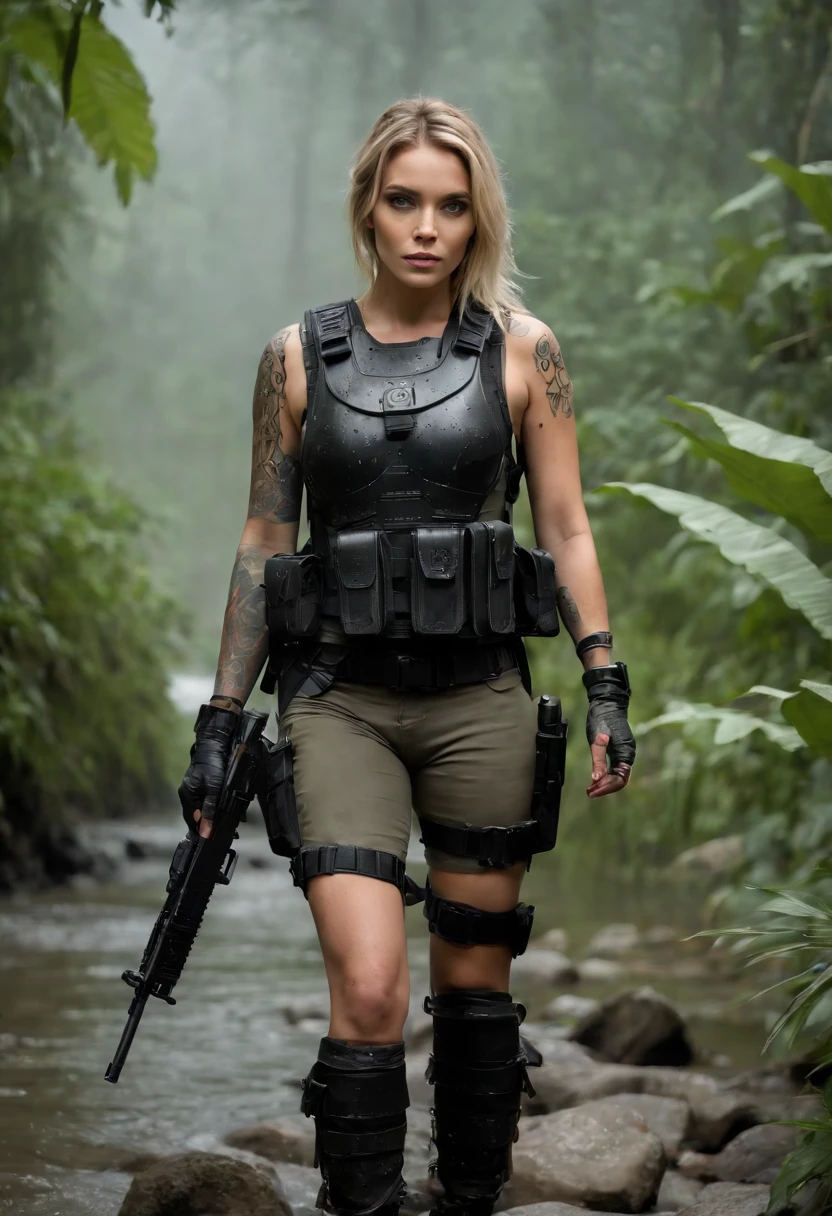 Postapocalyptic combat scene of a Beautiful female soldier On Patrol, In a Jungle, Walking down a Stream, (((with Runic tattoos))), ((dirty face)), (((wearing Black Full mecha armor, combat harness, Neon highlights, holding a assault rifle))) Short Blonde Dreadlocks, combat pose, (((Walking along a stream in a jungle, Fires, Smoke, debris, Camo netting, Ammo Boxes, Rain, Stormy, Wet, abstract beauty, near perfection, burning scene in the background,