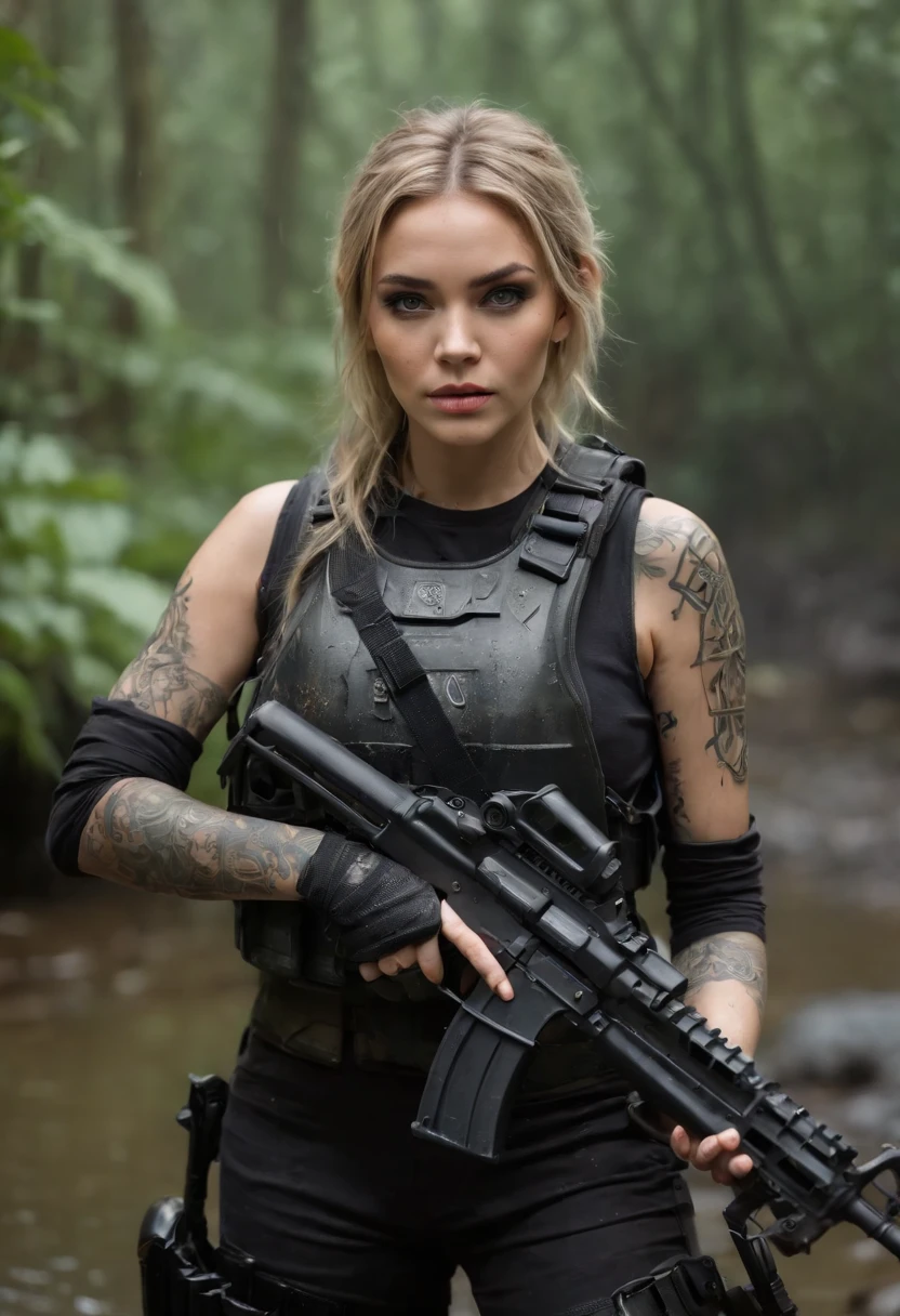 Postapocalyptic combat scene of a Beautiful female soldier On Patrol, In a Jungle, Walking down a Stream, (((with Runic tattoos))), ((dirty face)), (((wearing Black Full mecha armor, combat harness, Neon highlights, holding a assault rifle))) Short Blonde Dreadlocks, combat pose, (((Walking along a stream in a jungle, Fires, Smoke, debris, Camo netting, Ammo Boxes, Rain, Stormy, Wet, abstract beauty, near perfection, burning scene in the background,