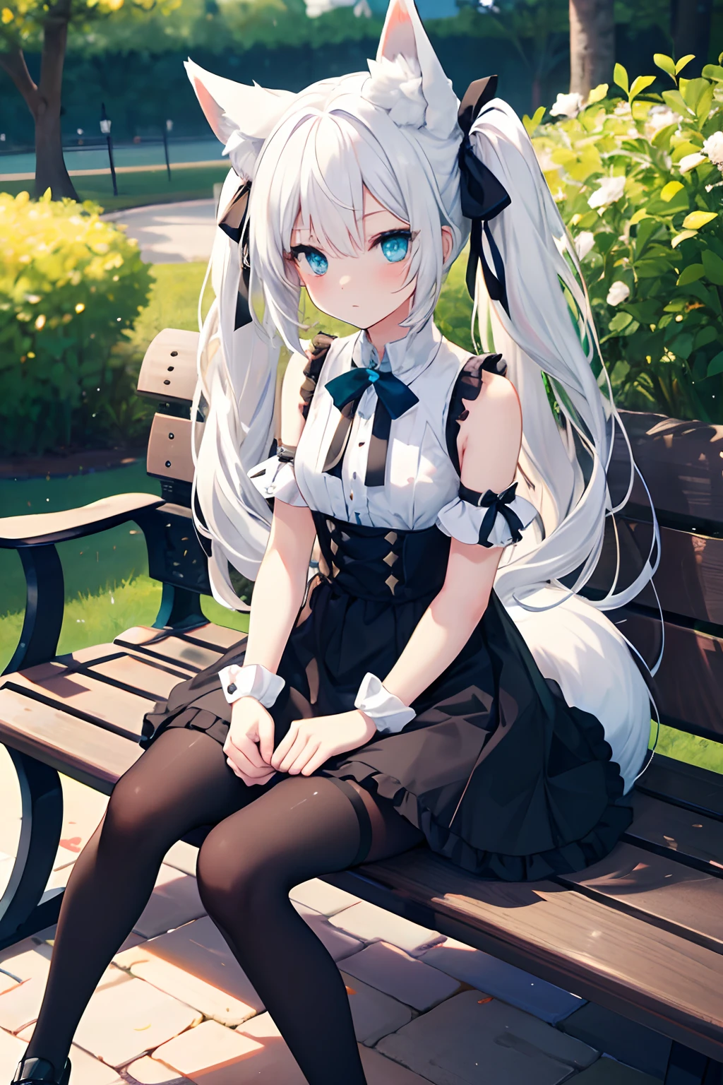 High quality, 1girl, pretty eyes, {jig eyes}, {white hair}, {blue-green heterochromia}, fox ears, fox tail, twin tail with black ribbon, sleeveless, thin tights, park, bench,