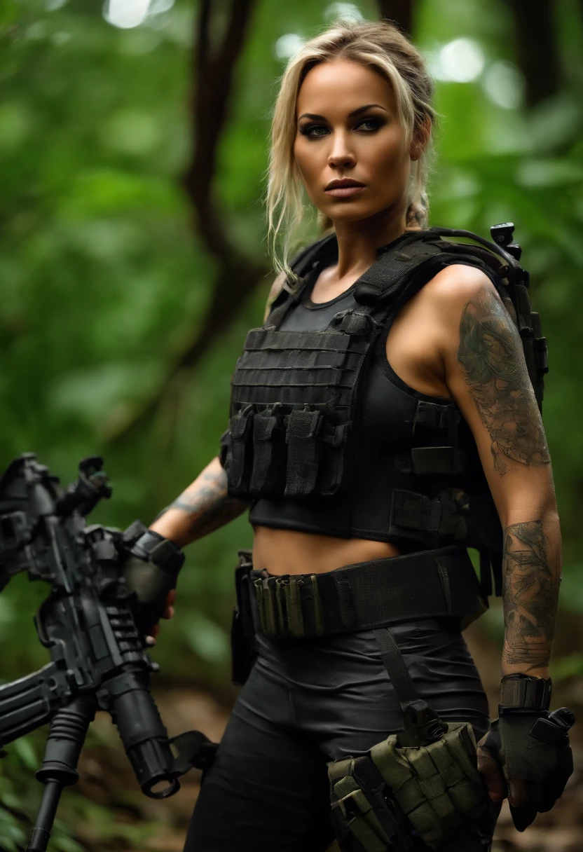 Postapocalyptic combat scene of a Beautiful female soldier On Patrol, In a Jungle, Walking down a Stream, (((with Runic tattoos))), ((dirty face)), (((wearing Black Full mecha armor, combat harness, Neon highlights, holding a assault rifle))) Short Blonde Dreadlocks, combat pose, (((Walking along a stream in a jungle, Fires, Smoke, debris, Camo netting, Ammo Boxes, Rain, Stormy, Wet, abstract beauty, near perfection, burning scene in the background,