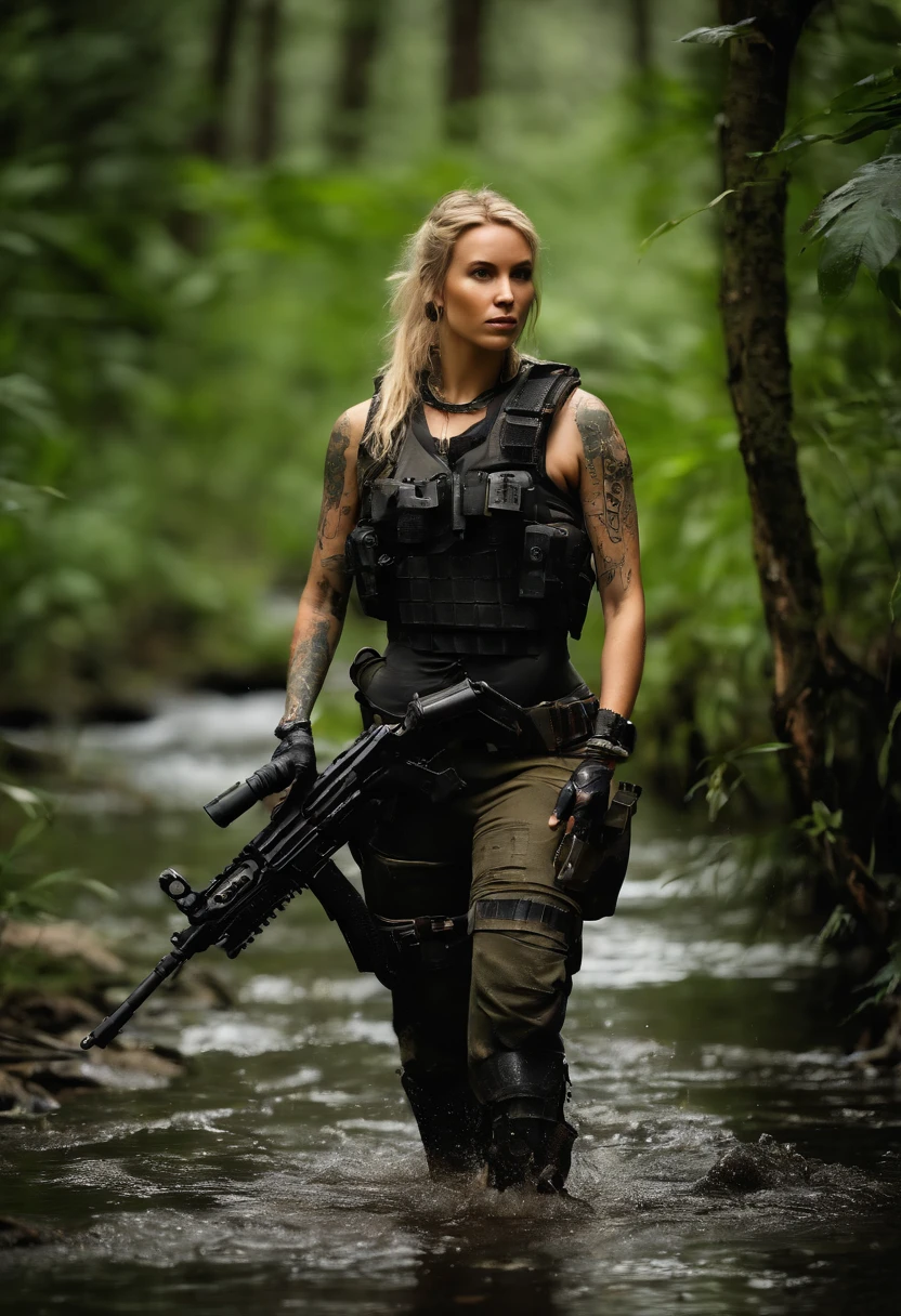 Postapocalyptic combat scene of a Beautiful female soldier On Patrol, In a Jungle, Walking down a Stream, (((with Runic tattoos))), ((dirty face)), (((wearing Black Full mecha armor, combat harness, Neon highlights, holding a assault rifle))) Short Blonde Dreadlocks, combat pose, (((Walking along a stream in a jungle, Fires, Smoke, debris, Camo netting, Ammo Boxes, Rain, Stormy, Wet, abstract beauty, near perfection, burning scene in the background,