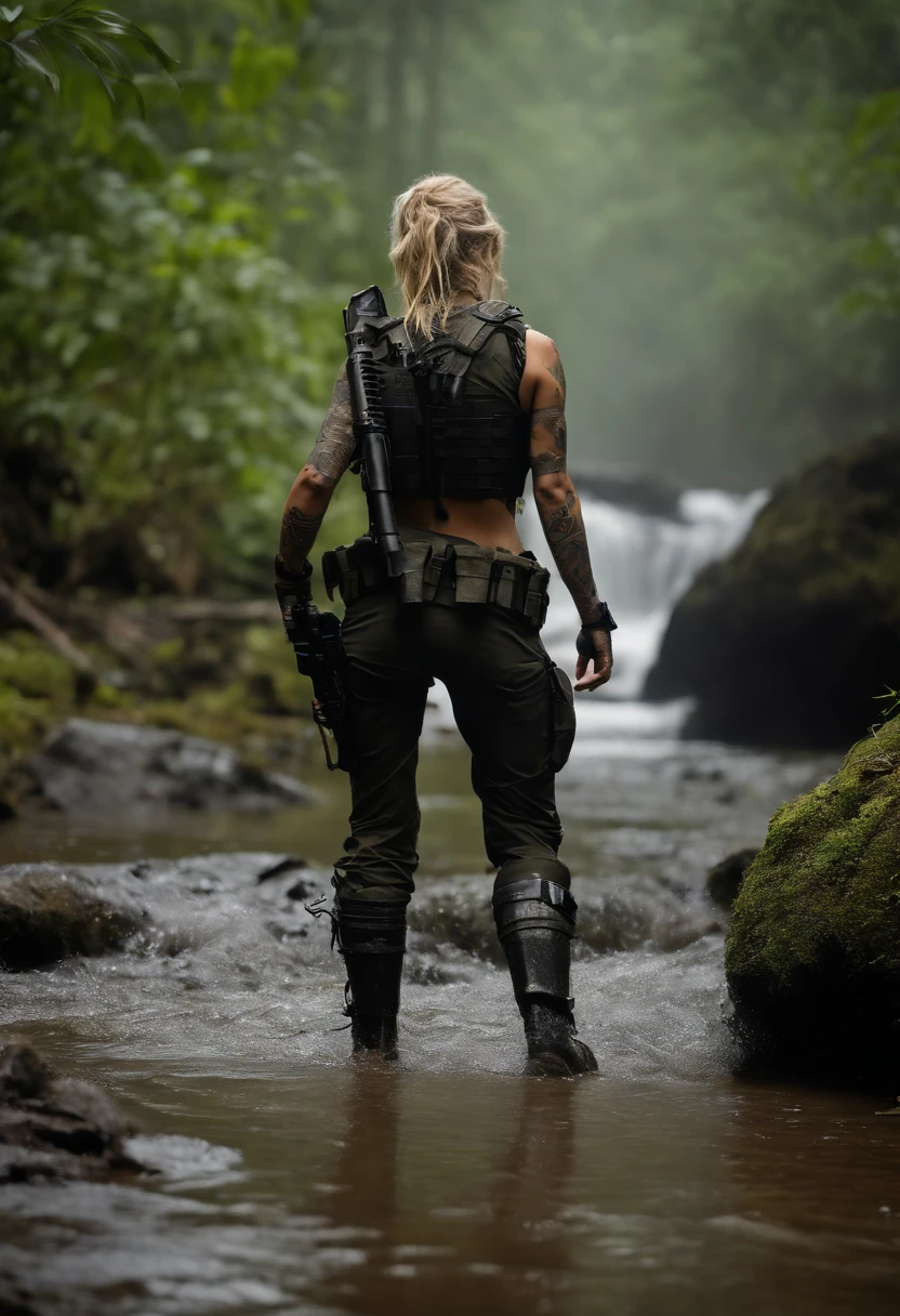 Postapocalyptic combat scene of a Beautiful female soldier On Patrol, In a Jungle, Walking down a Stream, (((with Runic tattoos))), ((dirty face)), (((wearing Black Full mecha armor, combat harness, Neon highlights, holding a assault rifle))) Short Blonde Dreadlocks, combat pose, (((Walking along a stream in a jungle, Fires, Smoke, debris, Camo netting, Ammo Boxes, Rain, Stormy, Wet, abstract beauty, near perfection, burning scene in the background,