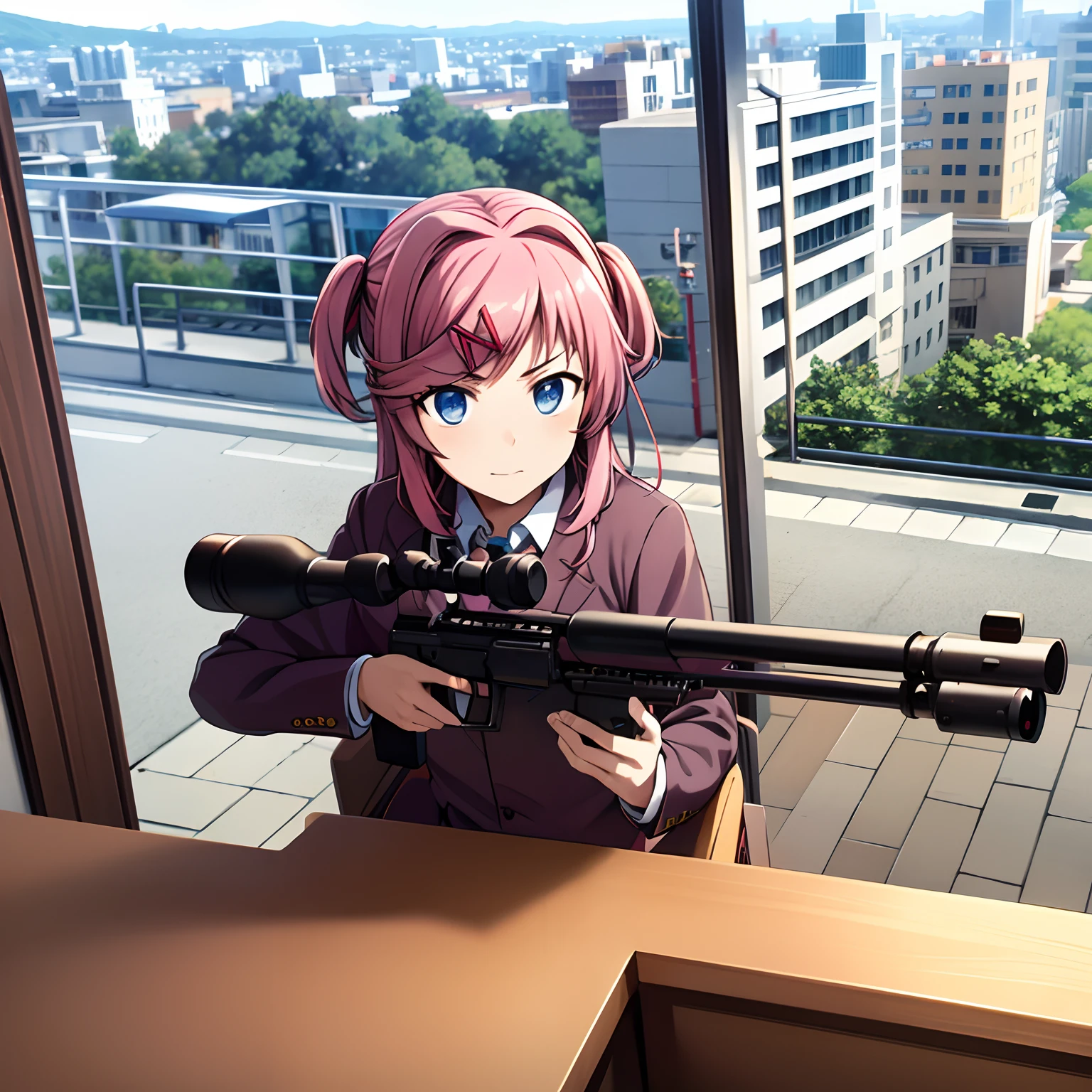 Natsuki detalhe, Clube de Literatura Doki Doki, With a sniper in his hand, From the top of a building