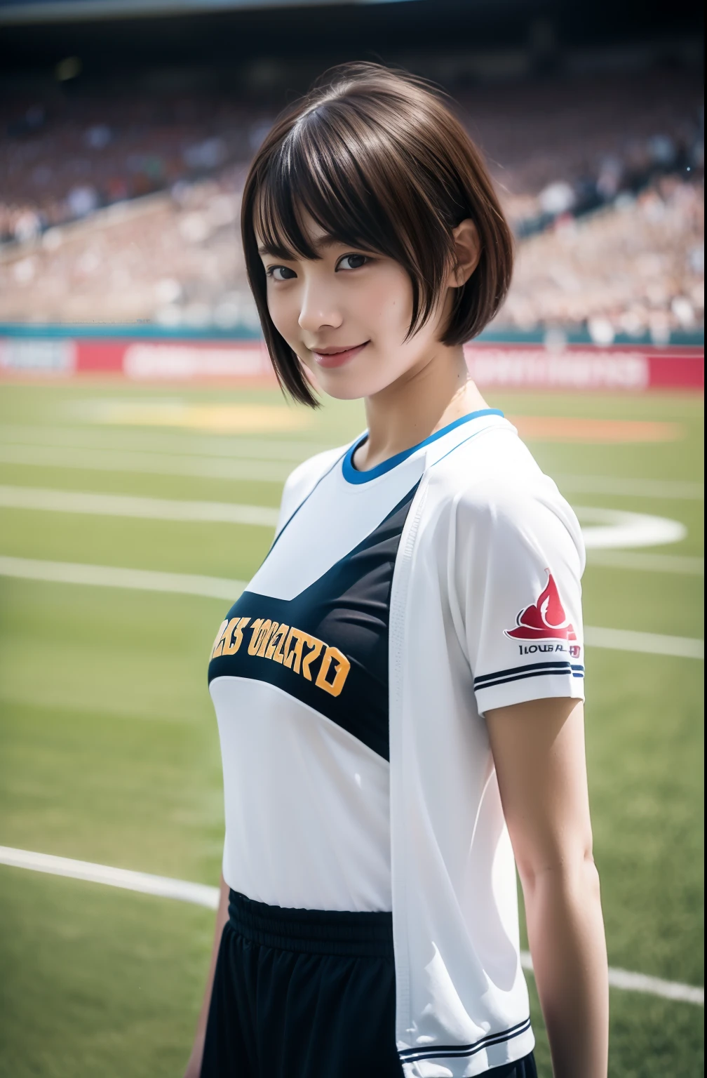masterpiece, best quality, ultra high res, ultra detail, realistic, photorealistic, ultra realistic, professional lighting, depth of field, looking at viewer, hikari, 1girl, solo, dynamic pose, dynamic angle, extreme detailed face, perfect face, bob hair, short hair, small breasts, skinny body, football uniform, outdoor, football stadium