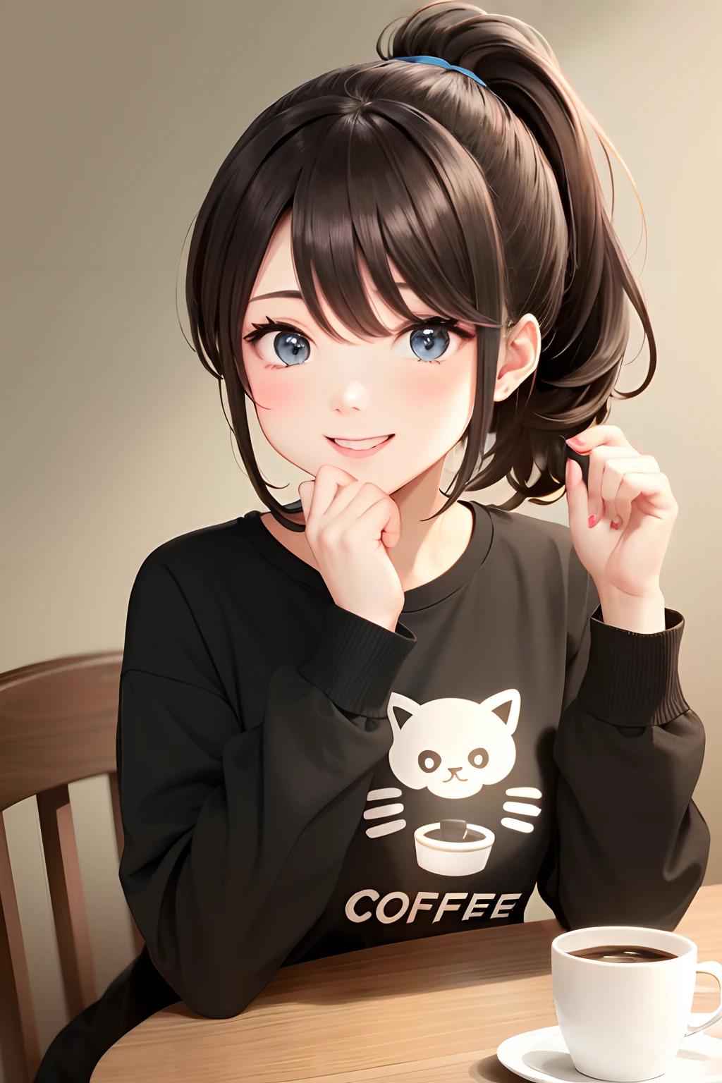 1girl, Coffee hair, ((ponytail)), Coffee eyes, happy, ((Coffee shirt)), sitting on a chair, upper body