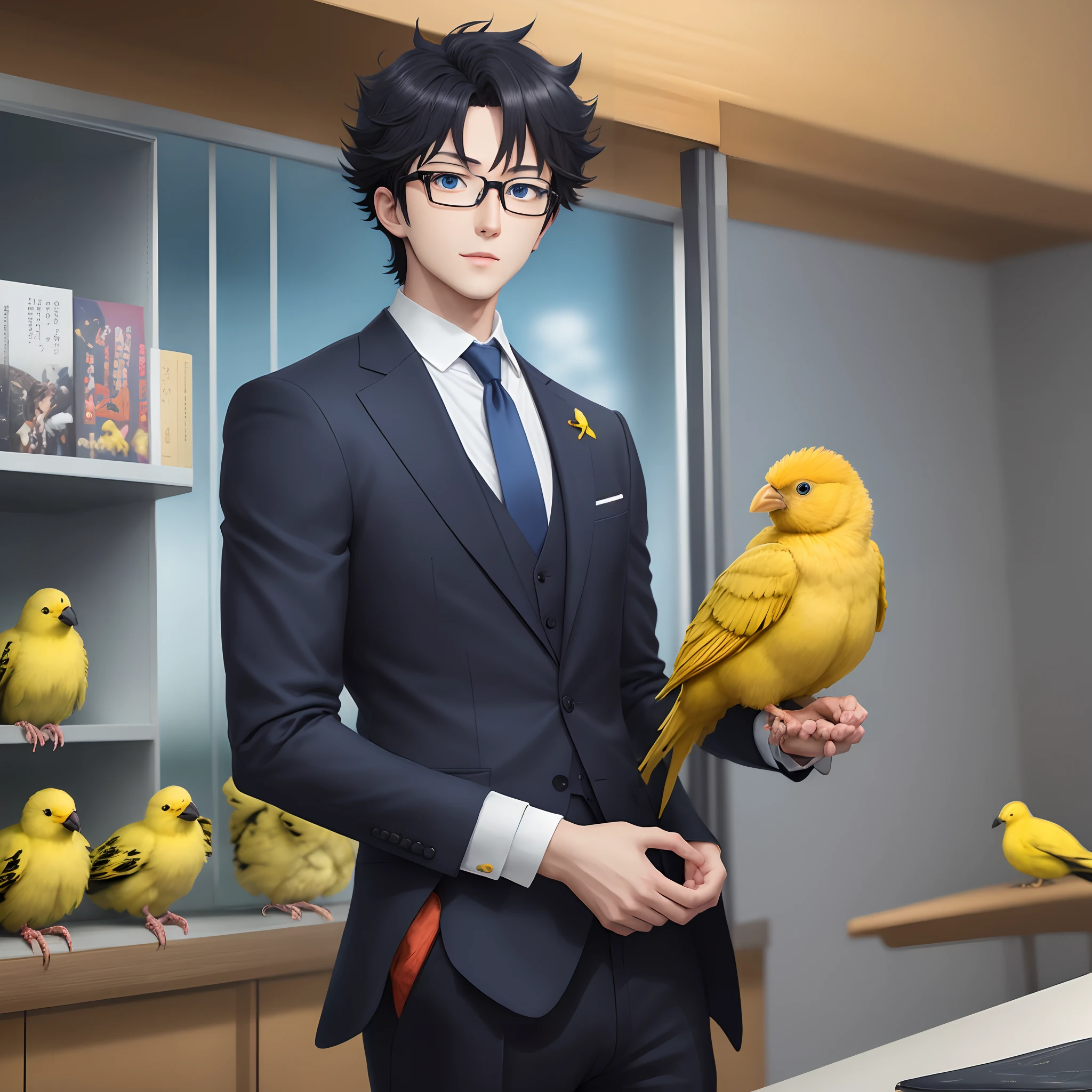 Anime, Man with black-rimmed glasses in suit and tie holding yellow bird, inspired by Masanobu Okumura, inspired by Okumura Togyu, young anime man, Handsome Anime Pose, 4k anime wallpaper, With his pet bird, anime wallpaper 4 k, anime wallpaper 4k, 4 k manga wallpaper, tall anime man with blue eyes,