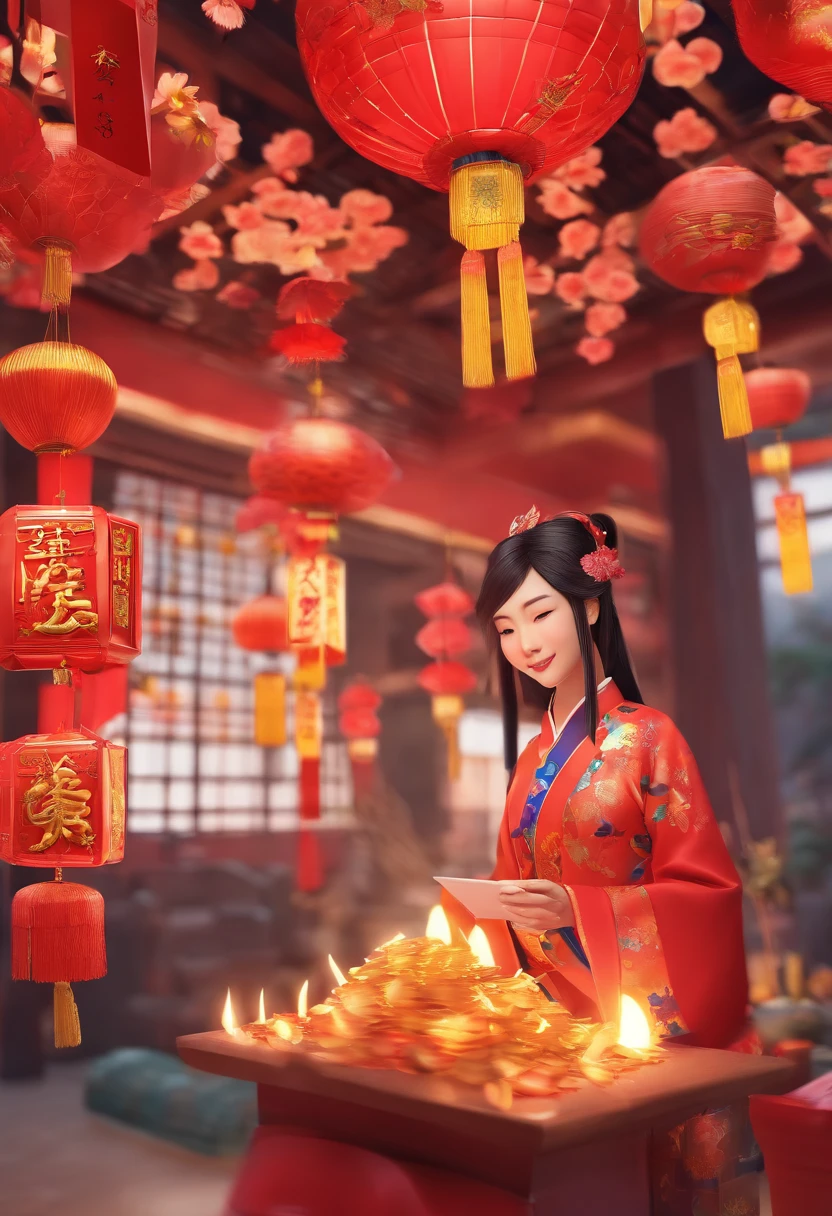 a girl handing out red envelopes with the twelve Chinese zodiac signs, richly decorated red envelopes, golden ornaments, vibrant colors, festive atmosphere, traditional Chinese New Year celebration, joyful laughter, auspicious blessings, intricate paper-cutting decorations, golden coins, traditional Chinese costumes, lanterns, firecrackers, lion dance, lively and energetic, symbolic animals, blessings for wealth and prosperity