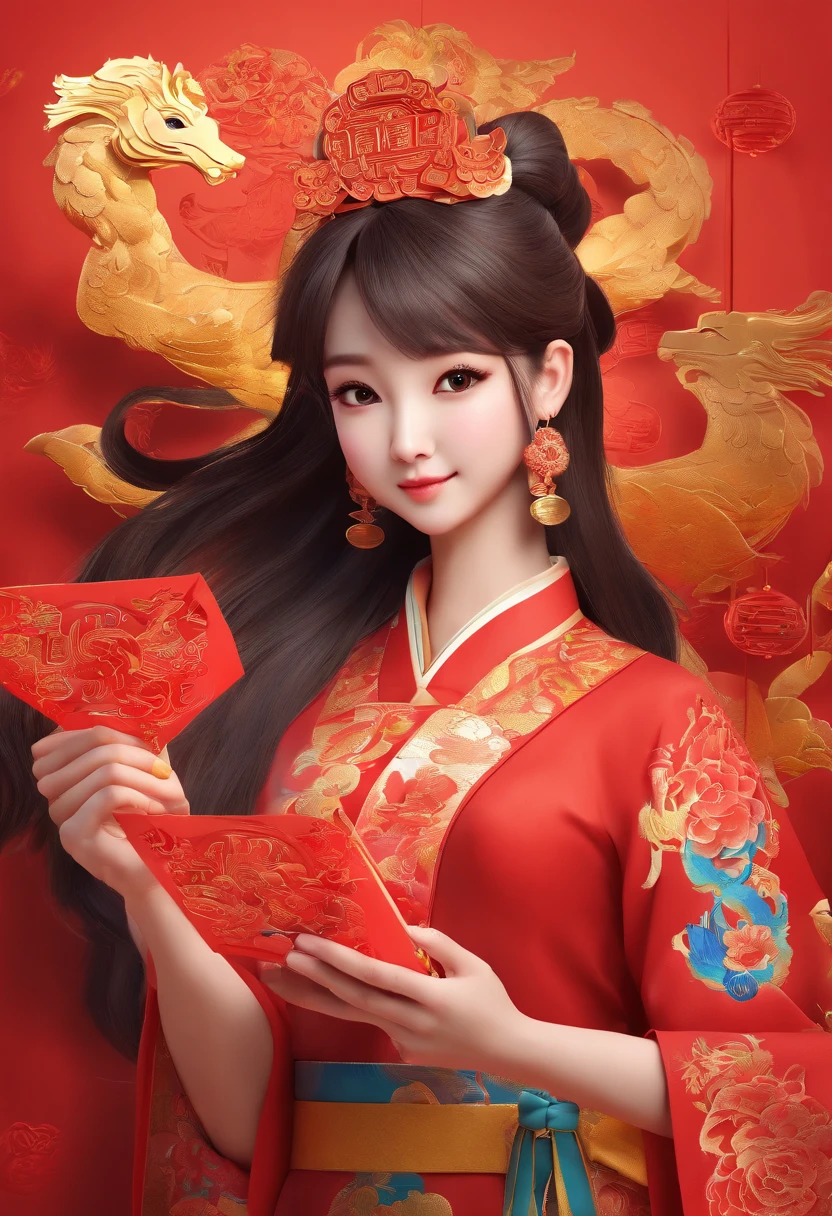 a girl handing out red envelopes with the twelve Chinese zodiac signs, richly decorated red envelopes, golden ornaments, vibrant colors, festive atmosphere, traditional Chinese New Year celebration, joyful laughter, auspicious blessings, intricate paper-cutting decorations, golden coins, traditional Chinese costumes, lanterns, firecrackers, lion dance, lively and energetic, symbolic animals, blessings for wealth and prosperity