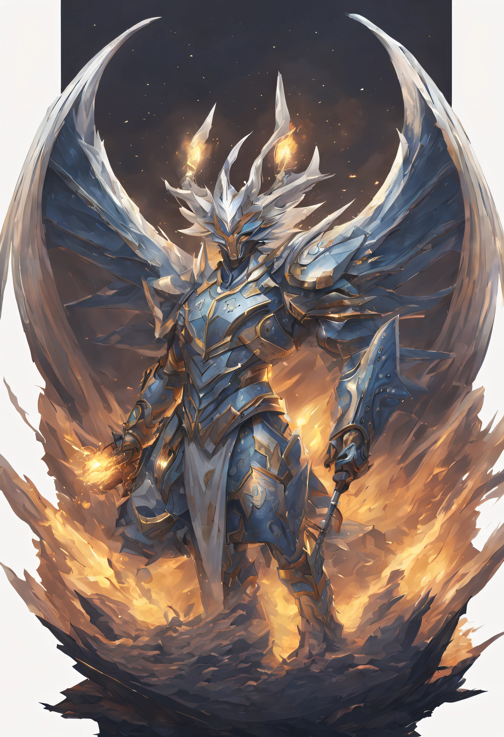 Eva of Ether and the Apocalypse

Origin : Fusion d'un chevalier de la Table Ronde, d'un dragon blanc, et de technologie Eva.
Formes :
humanoide : 1,85 m, Black armor with horns and epaulettes.
Draconique : 100 m, white scales, cornes, ailes.
Ultime (Étherion) : Mastery of Cosmic Energies, purity.
Robuste : 250 m, puissance brute.
Colosse Ascendant : 500 m, armure indestructible, Reality Alteration.
Compagnons :
Drakor (Dragon Primordial) : 70 m, Star control, Elemental fusion.
Wyvra (Eagle of Light) : 35 m, Solar flashes, Purifying storm.
Ténébris (Gardien Ancien) : 150 m, ethereal energy, distorsion temporelle.
Formes Puissantes (compagnons) :
Drakor : 100 m, cosmos assujetti, supernova, Summoned Stars.
Wyvra : 50 m, flammes solaires, purification astrale, Bright light.
Ténébris : 300 m, orages arcanes, bouclier dimensionnel, Merged link.
Armes :
Sword of the Aether : Tranche sorts, Absorbs magical energies.
Écalibure : Two dorsal swords for quick attacks.
Shield of Fates : Creates force field.
Capabilities : Fusion chevalier noir/Table Ronde, forme draconique contre puissants ennemis, aura inspirante, utilisation puissance compagnons, cosmic energy, purification, forme robuste et colossale.
Legend : Sleeping over a river to the threat of land.
This epic creature stands in a grandiose landscape between majestic mountains and starry skies.