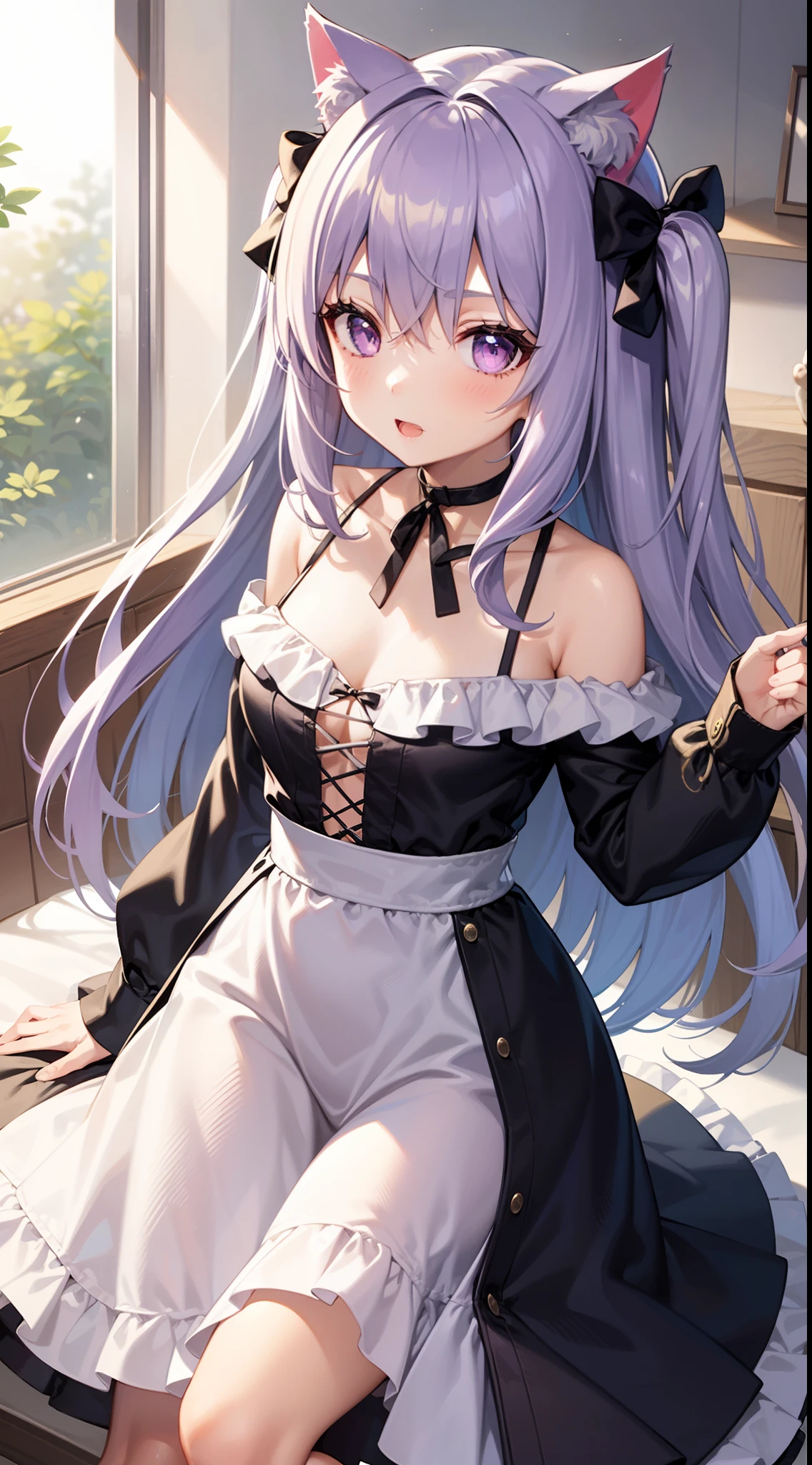 1girl,cat girl,cat ears,light purple hair,light purple eyes,two side up,bow rubber band,a dress with long sleeves,shoulder,