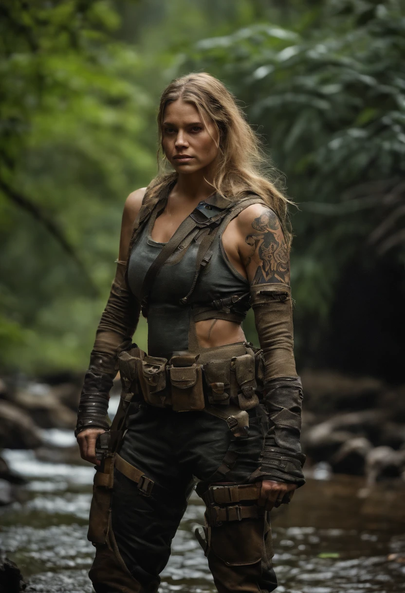 Postapocalyptic combat scene of a Beautiful female soldier On Patrol, In a Jungle, Walking down a Stream, (((with Runic tattoos))), ((dirty face)), (((wearing Black Full mecha armor, combat harness, Neon highlights, holding a assault rifle))) Short Blonde Dreadlocks, combat pose, (((Walking along a stream in a jungle, Fires, Smoke, debris, Camo netting, Ammo Boxes, Rain, Stormy, Wet, abstract beauty, near perfection, burning scene in the background,