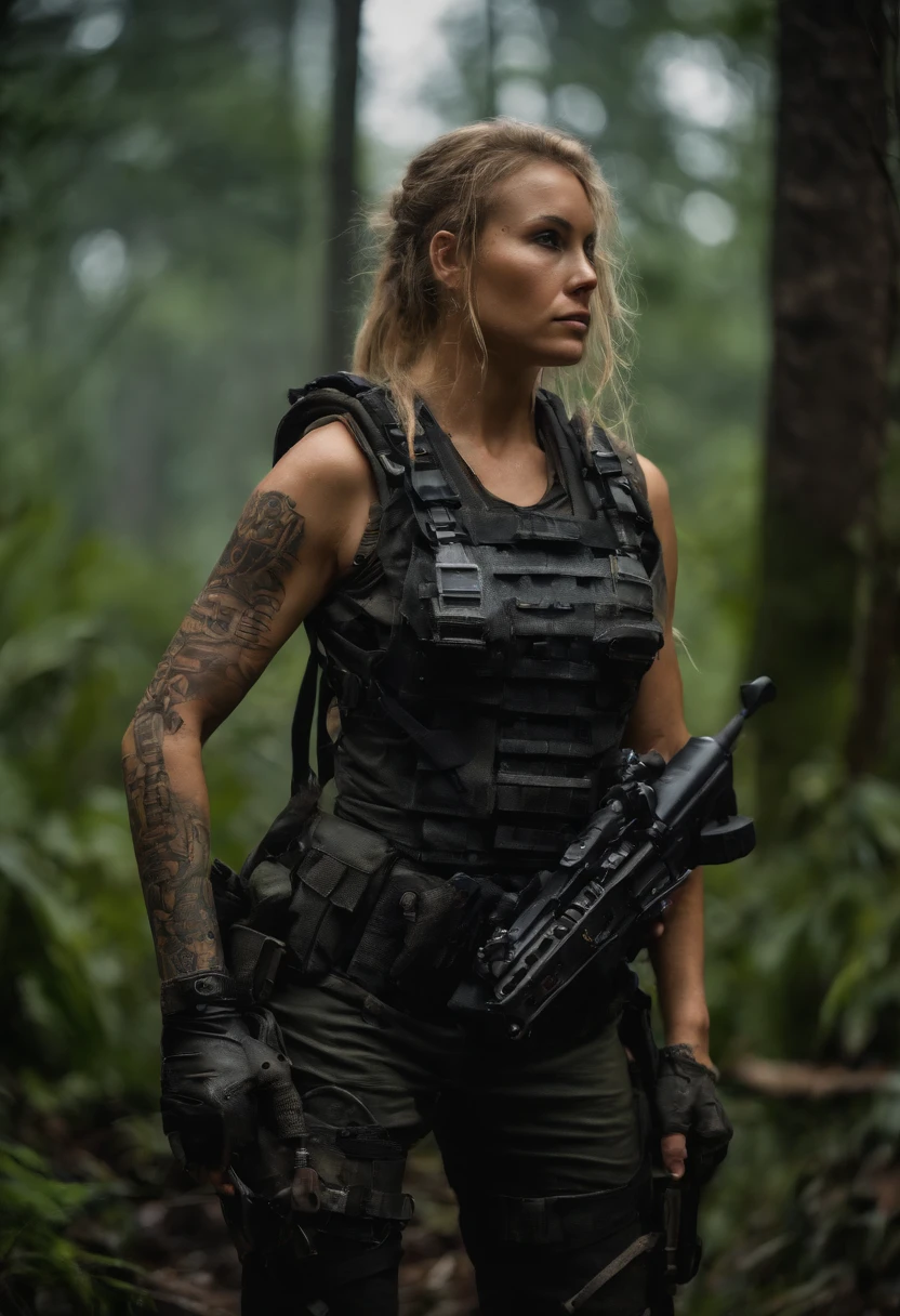 Postapocalyptic combat scene of a Beautiful female soldier On Patrol, In a Jungle, Walking down a Stream, (((with Runic tattoos))), ((dirty face)), (((wearing Black Full mecha armor, combat harness, Neon highlights, holding a assault rifle))) Short Blonde Dreadlocks, combat pose, (((Walking along a stream in a jungle, Fires, Smoke, debris, Camo netting, Ammo Boxes, Rain, Stormy, Wet, abstract beauty, near perfection, burning scene in the background,