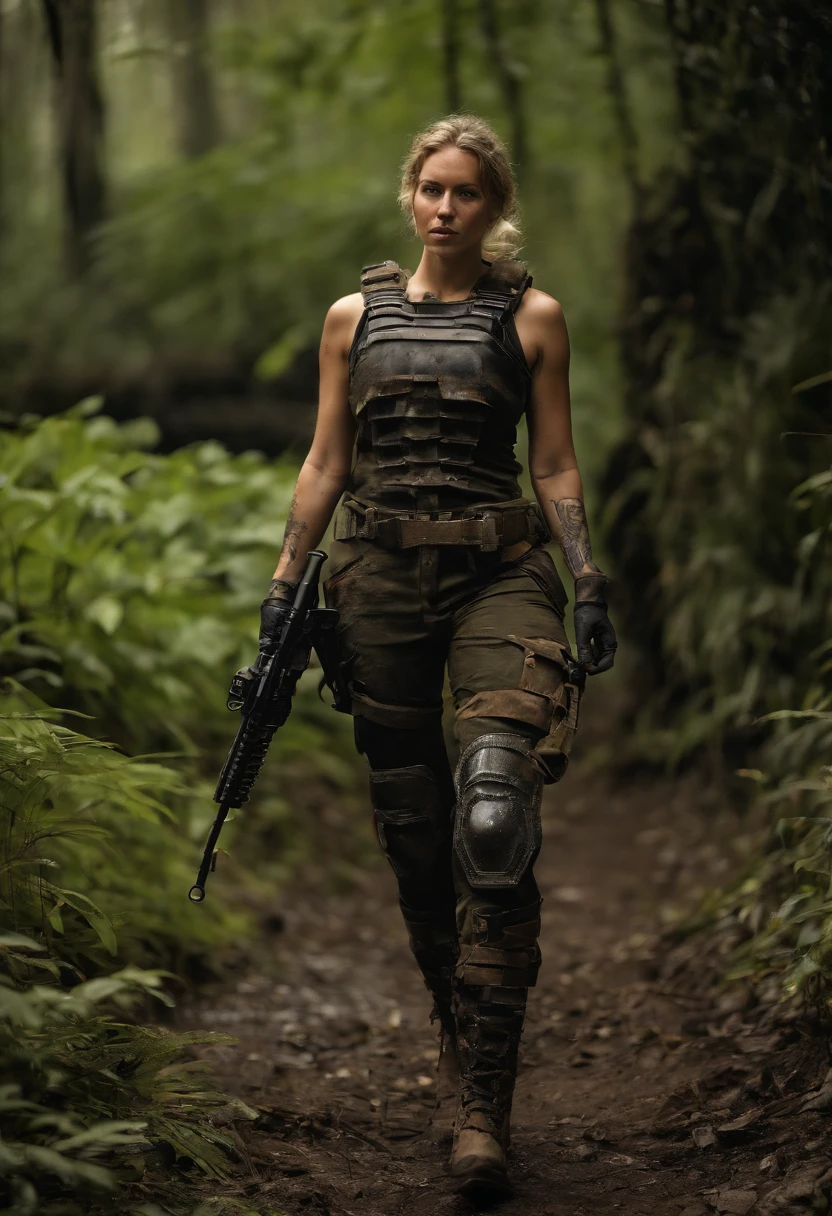 Postapocalyptic combat scene of a Beautiful female soldier On Patrol, In a Jungle, Walking down a Stream, (((with Runic tattoos))), ((dirty face)), (((wearing Black Full mecha armor, combat harness, Neon highlights, holding a assault rifle))) Short Blonde Dreadlocks, combat pose, (((Walking along a stream in a jungle, Fires, Smoke, debris, Camo netting, Ammo Boxes, Rain, Stormy, Wet, abstract beauty, near perfection, burning scene in the background,