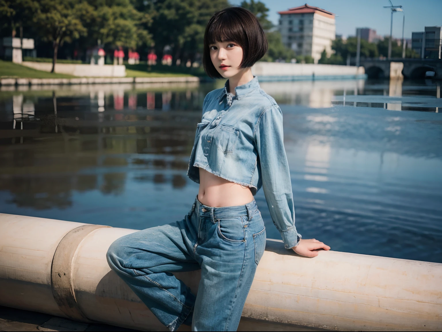 16
(Shorthair:1.3), (a 20 yo woman), (A hyper-realistic), (Masterpiece), (8KUHD), Woman wearing long pants, Small eyes, (Abstract background:1.23)