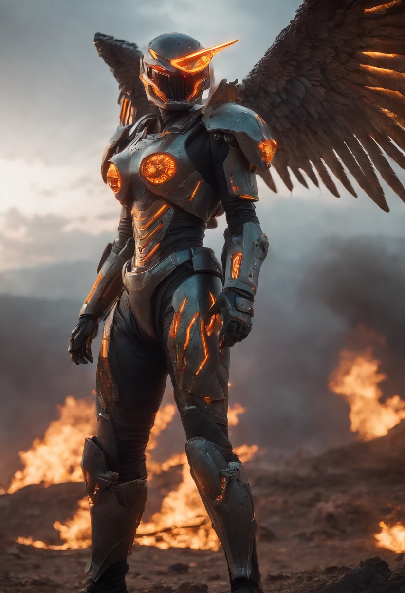 Cosmic cyberpunk Fallen Angel wearing Neon Mecha Armour, Flaming Sword glowing light eyes, Biomechanical, eerie, Creepy, nightmarish, Very bright neon colours, Light particles, with light glowing, , Mushroom Cloud, winner of the year's best photo, the world on fire, post-apocalyptic hellscape military photography, photo epic of the year, fire on the horizon, epic cinematic shot, pure form, intricate detail, 8k post-production, High resolution, super Detail, trending on ArtStation, sharp focus, studio photos, intricate detail, Very detailed, By Greg Rutkowski, Mshiff, wallpaper art, UHD wallpaper