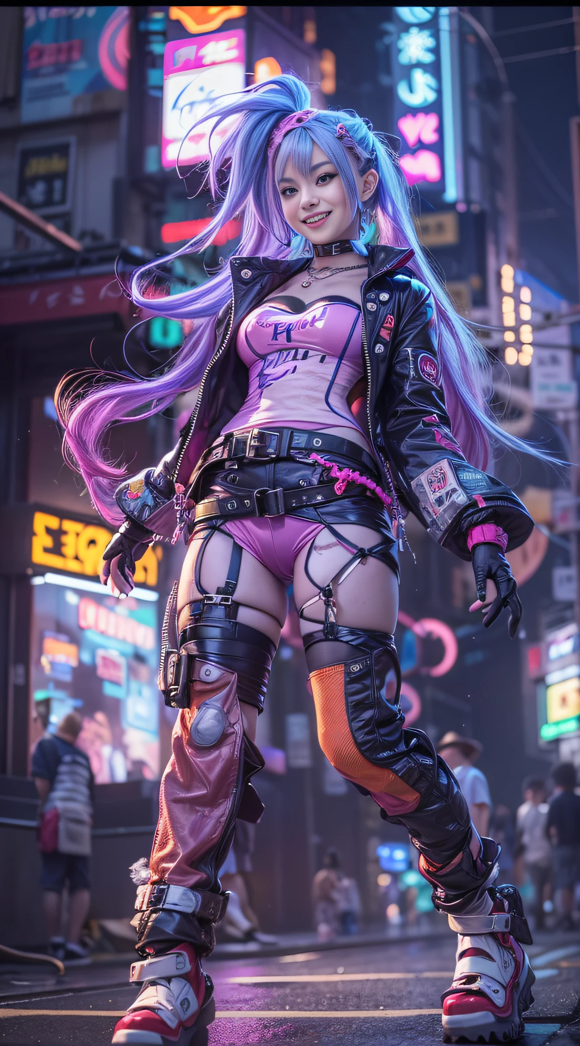 masterpiece, best quality, Confident cyberpunk girl, ((standing in front of motorcycle)), Harajuku-inspired pop outfit, bold colors and patterns, eye-catching accessories, trendy and innovative hairstyle, vibrant makeup, Cyberpunk dazzling cityscape, skyscrapers, neon signs, LED lights, bright and vivid color scheme, anime, illustration, detailed skin texture, detailed cloth texture, beautiful detailed face, intricate details, ultra detailed.