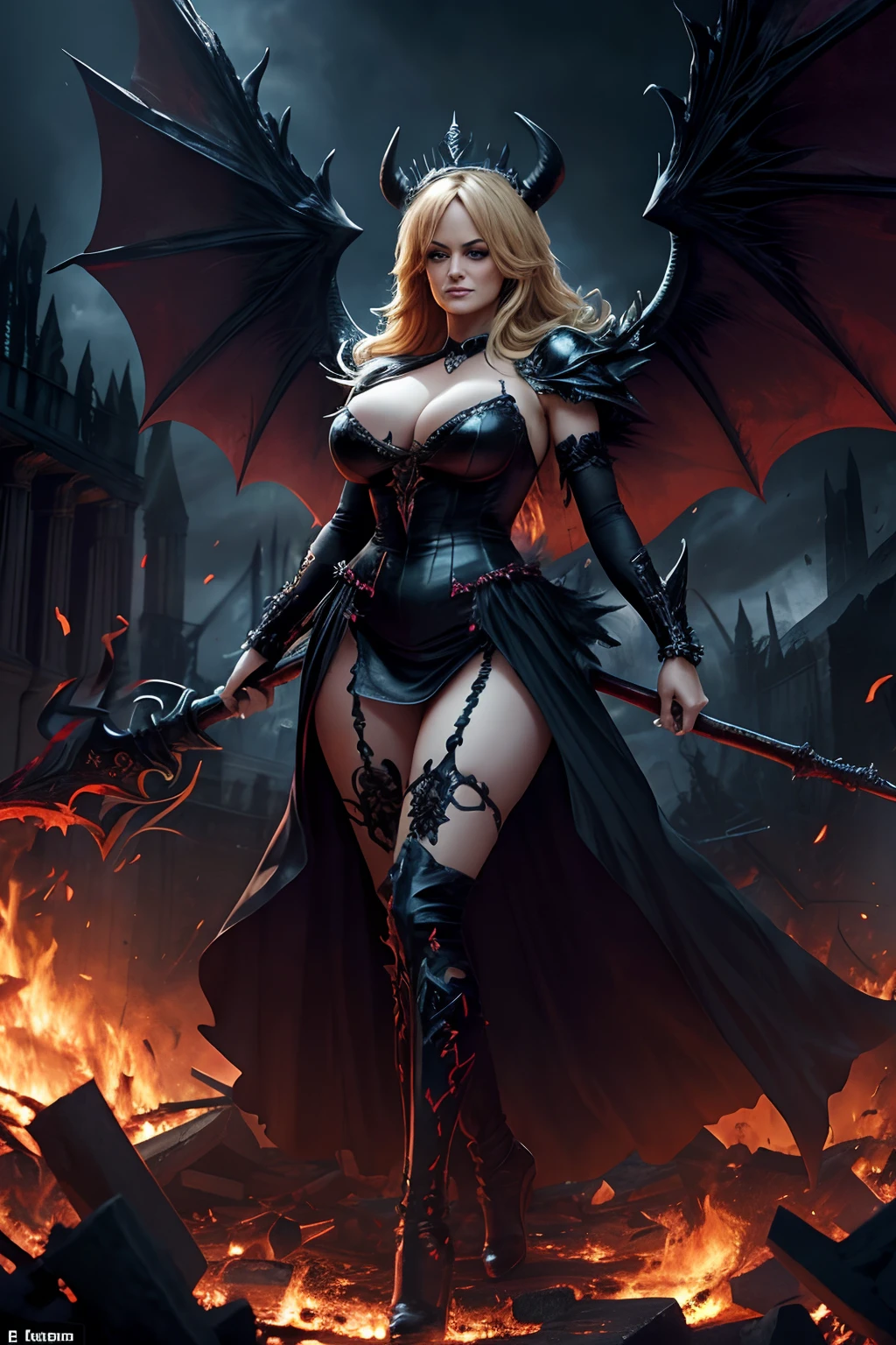 Ultra-detailed Stormy Daniels stands atop a pile of burning ruins, Her diabolical and insidious presence radiating from her dark crown and black and red evil queen dress....... Her demon wings on her back and demon horn give her an invincible aura as she unleashes a powerful wave of destruction with a single gesture............ She holds a black satanic pitchfork with an evil purple aura in one hand