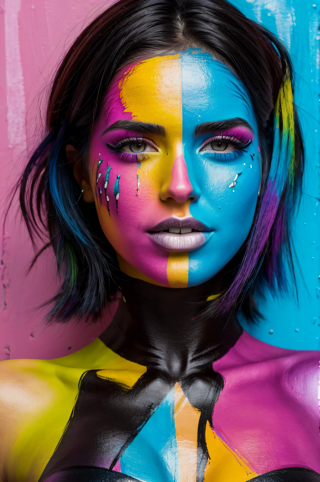 hyper realistic Margaret Qualley with a face made up like the rock band Kiss, like Gene Simmons or Paul Stanley made up like when they play on stage in concerts, face make up black and white Kiss style, Gene Simoons Kiss make up, with all bodies totally animal stripes BODYPAINTED, NO SKIN WITHOUT PAINT, one after the other, entire faces covered with colorfull paint, entire body covered with colorfull paint, bra full covered with own hands, the girl behind holds the body of the girl in front, nipple and fully covered with painting, x-shaped tape to cover, visible paint grain and texture, with alternating brushstrokes, WITH DIFFERENT BRUSHING TECHNIQUES, DIFFERENT PAINTING TECHNIQUES, visible paint texture, modern, loft painting, very stylish, high definition, 16k, with many colors, orange, pink, yellow, red, blue, white, light blue, light green, acid green, ultra detailed, breast covered with hands, real visible brush strokes, modern art, masterpiece, total bodypaint, total bosy with paint, breast covered with hands, all body painted with colorfull paint, TOTAL BODYPAINT, wall on backgroung total abstact painted face the wall not visibile, DRESS WITH THIN VERY TIGHT LEOTARD SKINSUIT, with all bodies totally animal stripes BODYPAINTED, NO SKIN WITHOUT PAINT, one after the other, entire faces covered with colorfull paint, entire body covered with colorfull paint, bra full covered with own hands, Gene Simmons Vampire blavk and white face make up, nipple and fully covered with painting, x-shaped tape to cover, visible paint grain and texture, with alternating brushstrokes, WITH DIFFERENT BRUSHING TECHNIQUES, DIFFERENT PAINTING TECHNIQUES, visible paint texture, modern, loft painting, very stylish, high definition, 16k, with many colors, orange, pink, yellow, red, blue, white, light blue, light green, acid green, ultra detailed, breast covered with hands, real visible brush strokes, modern art, masterpiece, total bodypaint, total body with paint, Kiss make up,