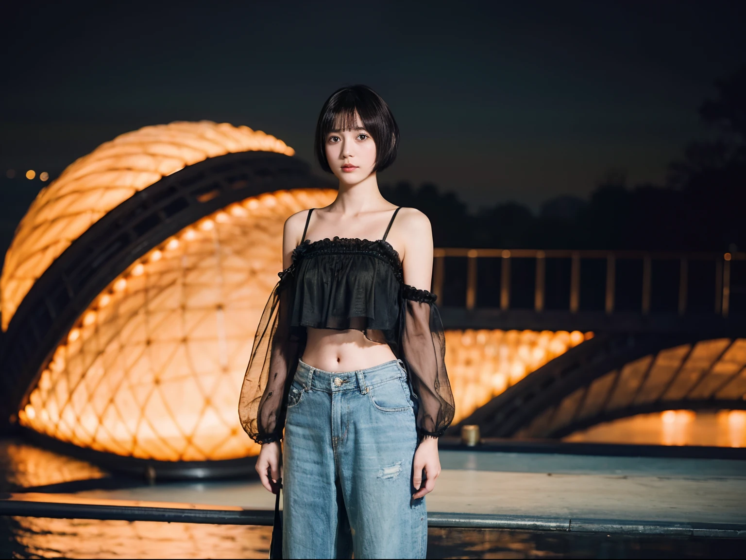 16
(Shorthair:1.3), (a 20 yo woman), (A hyper-realistic), (Masterpiece), (8KUHD), Woman wearing long pants, Small eyes, (Abstract background:1.23)