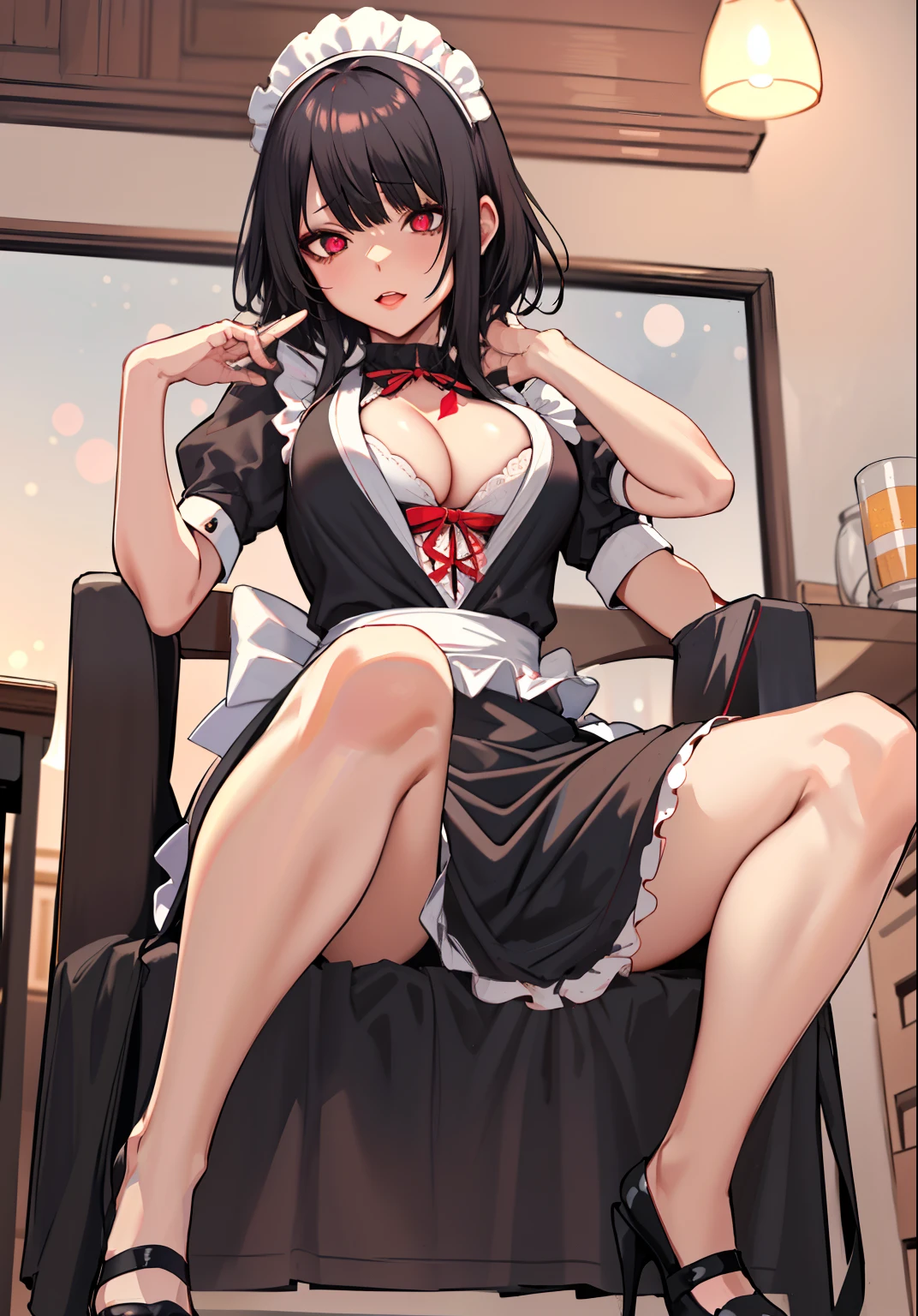 masutepiece, Best Quality, High resolution,
1girl in, Solo, maid, enmaided, maid apronl, Black hair, scarlet eyes, cleavage, From below, face to the viewer, Face to face, Sneaking into the eyes, Full body, cleavage, medium breasts, Portrait, Vomiting eyes, hanging breasted、