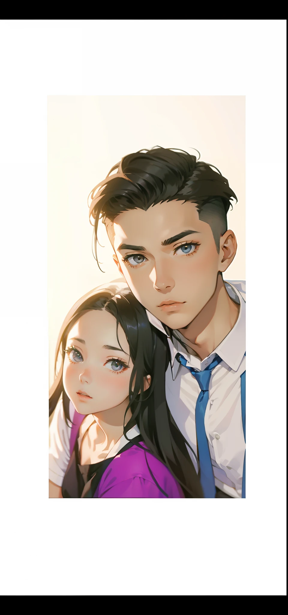 top-quality masterpiece Male and female couples Girl sitting on a chair wearing a tight skirt over a blouse。Boys hugging each other from behind。Boys wearing high school long pants uniforms with mash cut hairstyles。Without glasses、Revenge relationship