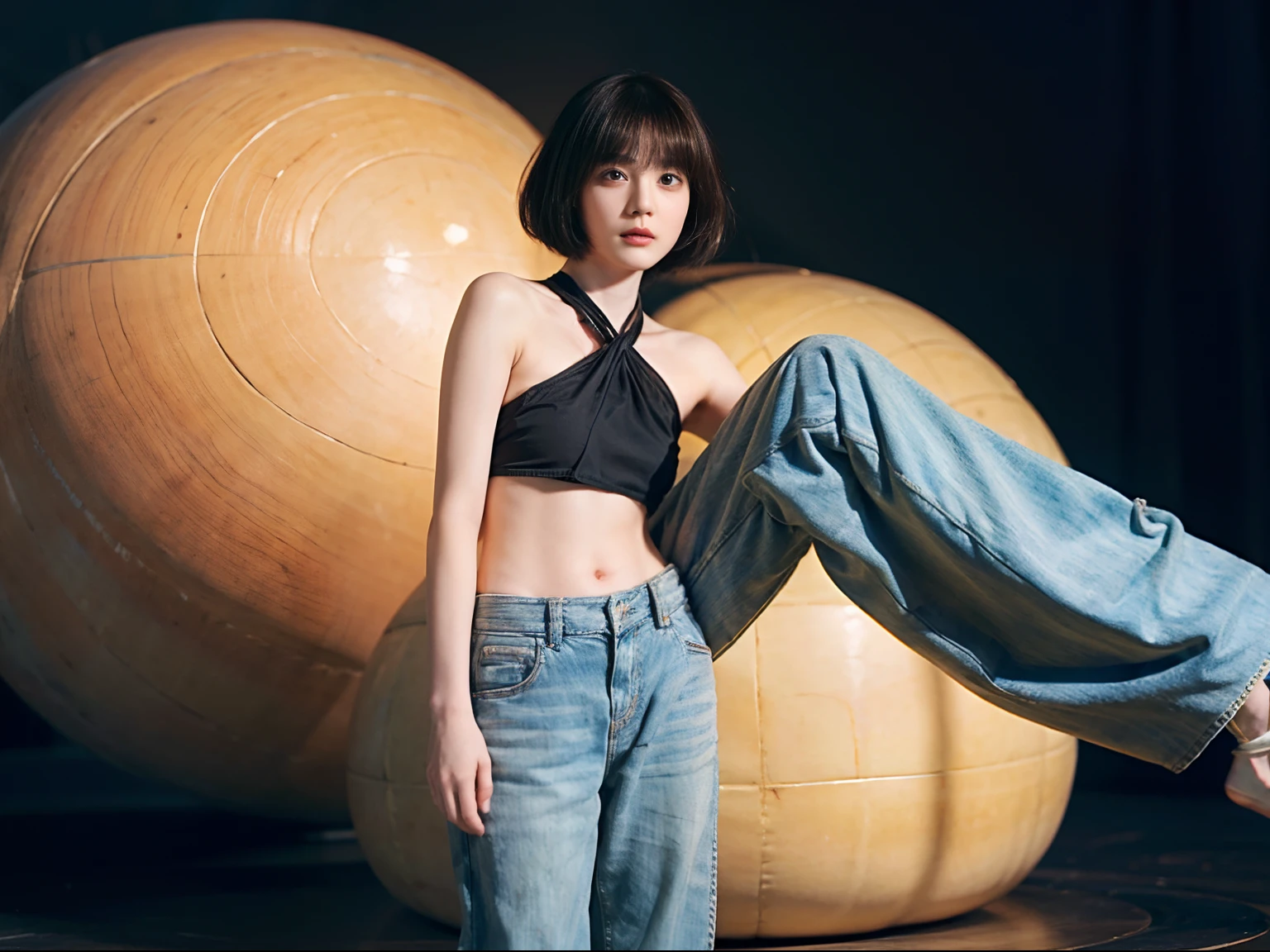 16
(Shorthair:1.3), (a 20 yo woman), (A hyper-realistic), (Masterpiece), (8KUHD), Woman wearing long pants, Small eyes, (Abstract background:1.23)