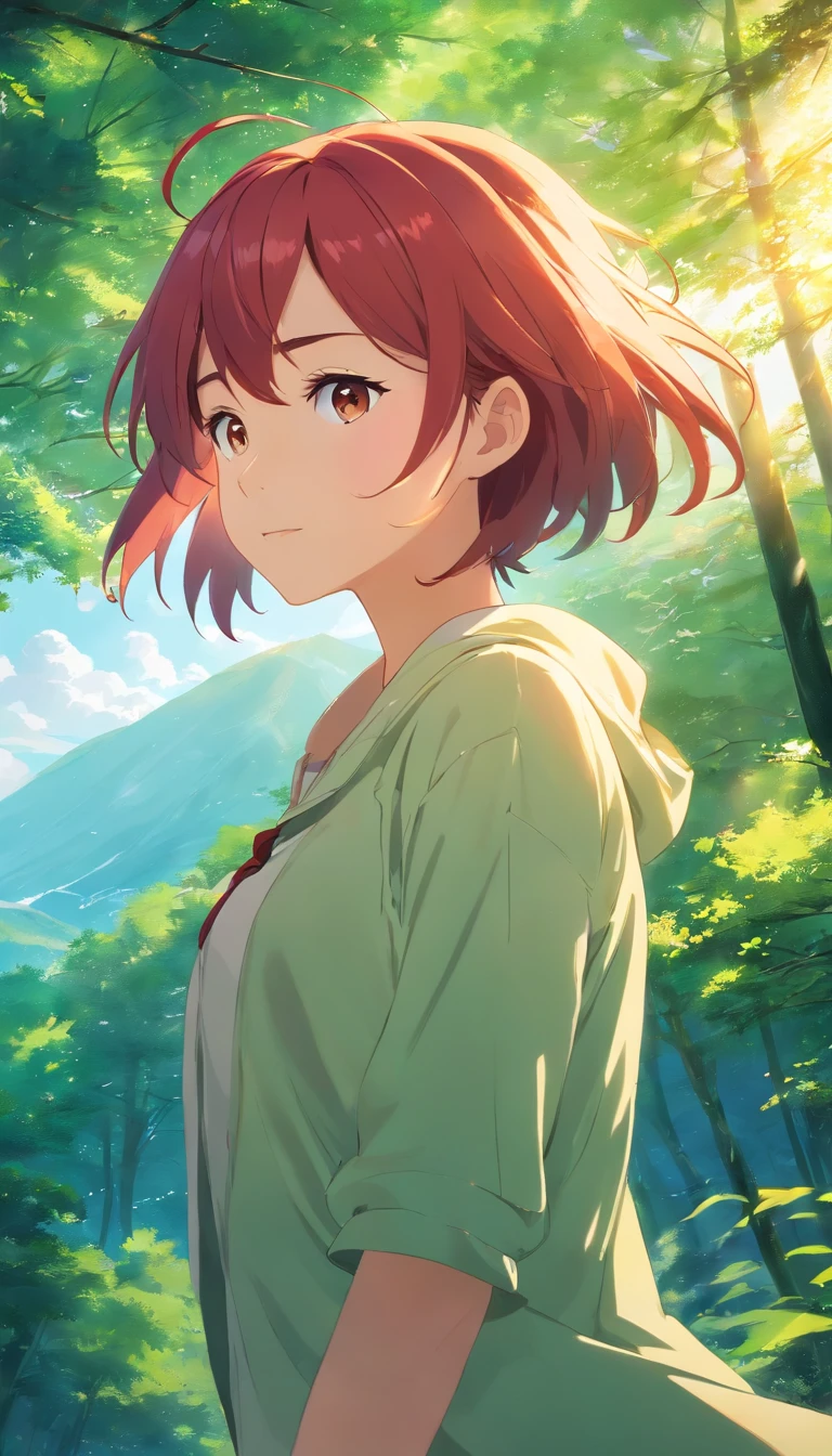 masterpiece、top-quality、Movie stills、1girl in、Cloud Girl、floating in sky、a closeup、发光、Happiness、Warm and soft lighting、in woods、(Spark:0.7)、Red hair、sorcerer