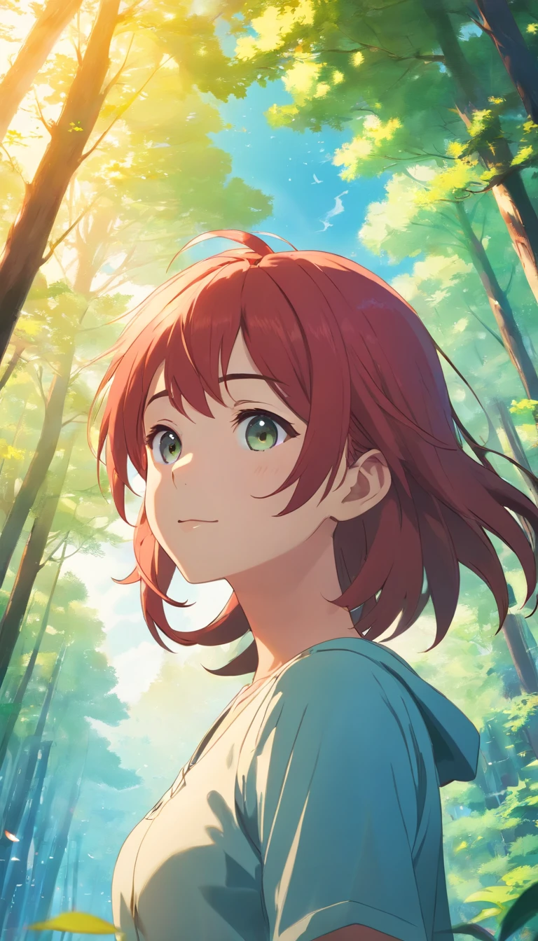 ​masterpiece、top-quality、Movie stills、1girl in、Cloud Girl、floating in sky、a closeup、发光、Happiness、Warm and soft lighting、in woods、(Spark:0.7)、Red hair、sorcerer