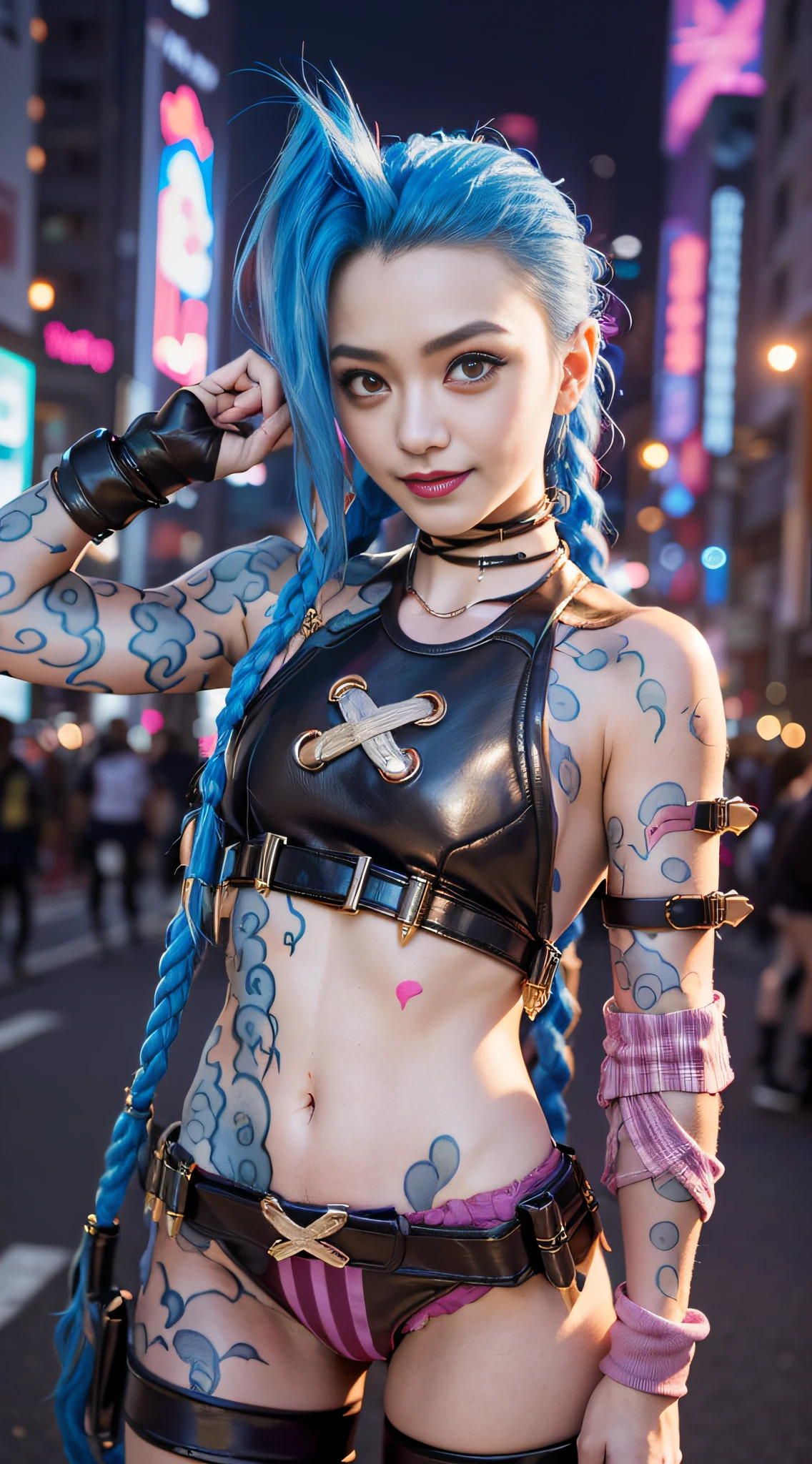 ((Jinx is dressed in a Harajuku Tech costume), (fisheyelens ), self-shot, Cowboy shot, Wind, Messy hair, cyberpunk city landscape, (Aesthetics and atmosphere:1.2),Smiling, Laughing，super wide shot