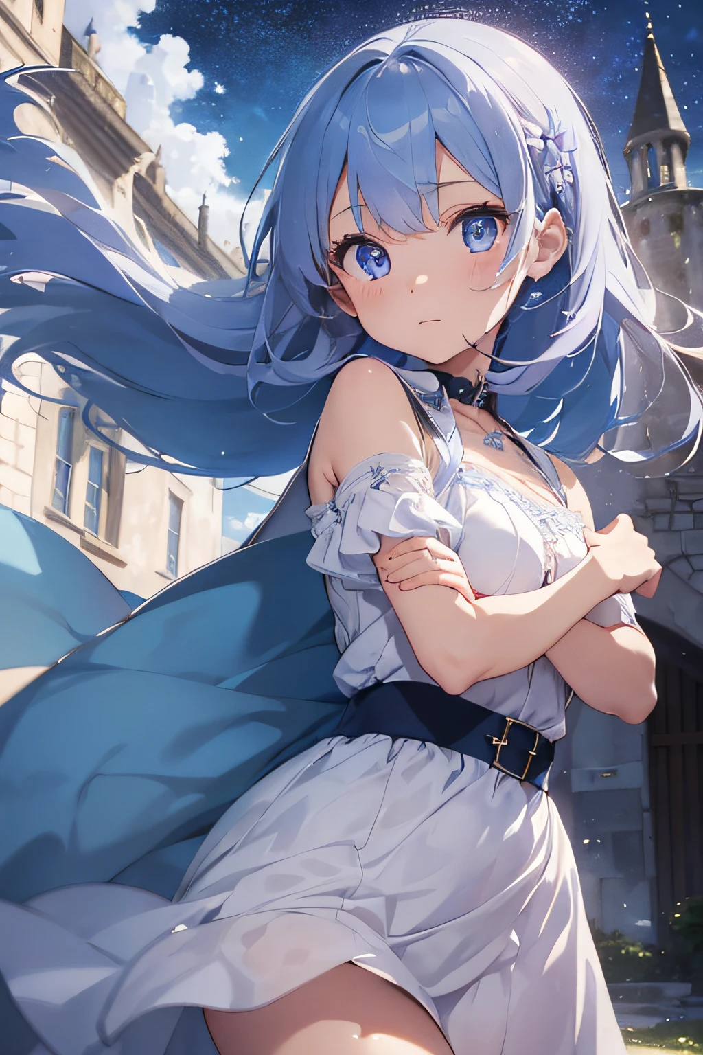 Beautiful fece, ​masterpiece, top-quality, hiqcgbody, animesque, 1girl in, Medium chest, portrait shot, Look at viewers, wetted skin, intricate detailes,>,((coverd)a closeup, straight-on, adult lady,Very long hair swaying in the wind、 The chest is fluttering、Princess in white and purple dress.:1.4、Light blue hair、Her eyes shone like dreamy stars(radiant eyes:1.233)、(beautifully detailed eyes:1.1)、The background is fixed inside an old medieval castle、[[Delicate fingers and hands:0.55]::0.85]、(detail finger)、Light blue eyes、Light blue hair