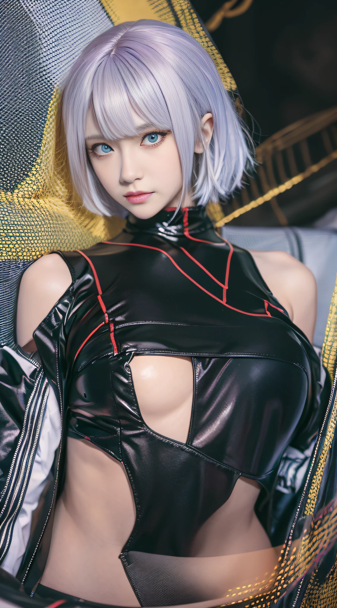 cyberpunk edgerunners, 1girll, lucy \(Cyberpunk\), Bare shoulders, eBlue eyes, nedium breasts, tightsuit, looking at viewert, mediuml breasts, off-shoulder jacket, cropped shoulders, Red eyeliner, short detailed hair, Sleeveless turtleneck bodysuit, Solo, Turtleneck tights,whaite hair,((tmasterpiece))Vista composition,Full body photo