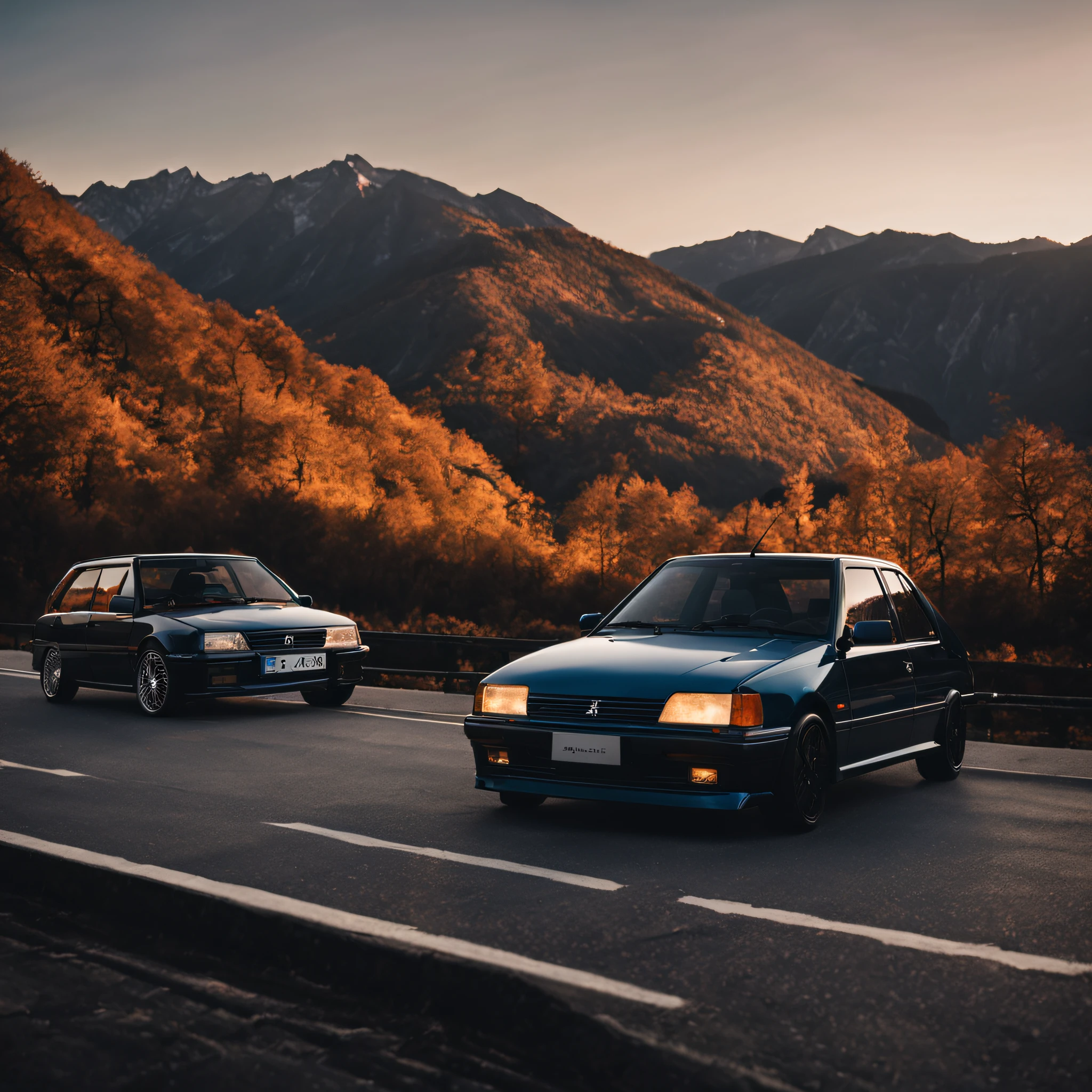 Of course, Here's a description of the scene you requested :

Sur une route sinueuse de montagne au Japon, The glow of dusk bathes the place, tinting the sky with a slight bluish tinge. At the center of the stage, a car reminiscent of the Peugeot 306 from the 90s moves smoothly. It is immaculately clean, reflecting the last rays of the sun. Through the passenger window, vous pouvez apercevoir une personne portant une casquette, Sitting casually and watching the mountain scenery go by.

Behind the Peugeot, Another car appears. It's a sleek silhouette, evoking the futuristic styling of the Eva CC. Its clean lines contrast with the more classic Peugeot in front of it, creating a striking tableau that blends eras and automotive styles.

The scene exudes a calming and mysterious atmosphere as the two cars travel down the mountain road, creating an intriguing juxtaposition between past and future in the beautiful Japanese evening setting.