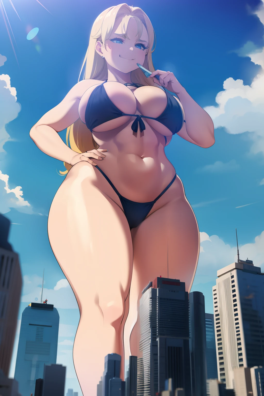 GTS, giantess in a bikini, curvy, busty, smirk, evil, thick thighs