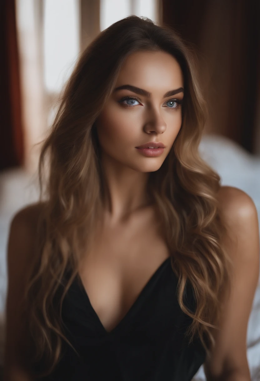 Arafed woman completely , fille sexy aux yeux bleus, ultra realist, Meticulously detailed, Portrait Sophie Mudd, cheveux blonds et grands yeux, selfie of a young woman, Yeux de chambre, Violet Myers, sans maquillage, maquillage naturel, looking straight at camera, Visage avec Artgram, Maquillage subtil, Great photo of the whole body kneeling on the bed, dans la chambre, Medium to large bust; ; ;nu