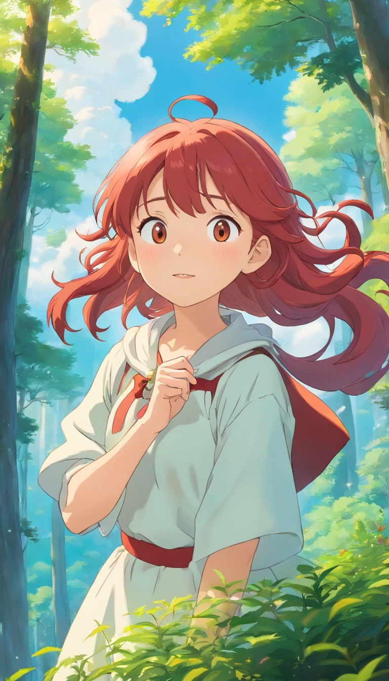 ​masterpiece、top-quality、Movie stills、1girl in、Cloud Girl、floating in sky、a closeup、发光、Happiness、Warm and soft lighting、in woods、(Spark:0.7)、Red hair、Sorcerer