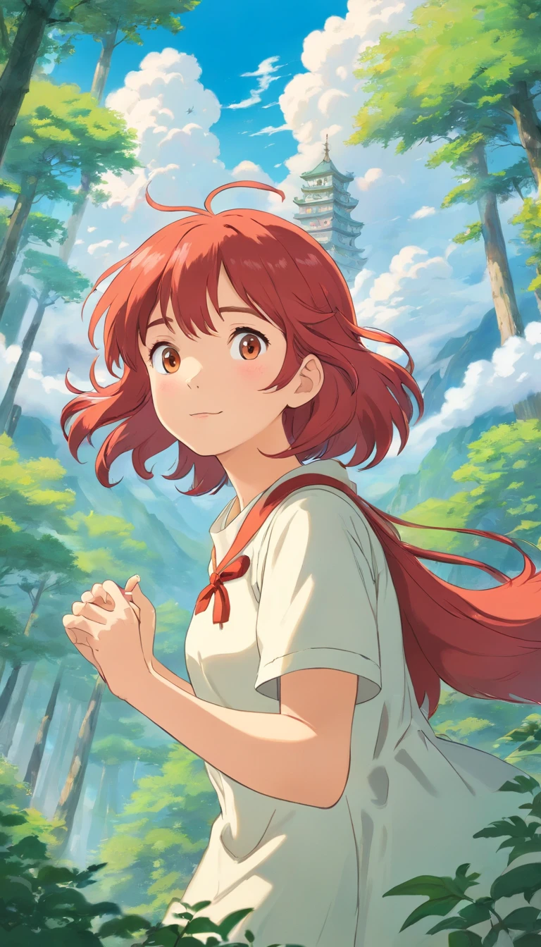 masterpiece、top-quality、Movie stills、1girl in、Cloud Girl、floating in sky、a closeup、发光、Happiness、Warm and soft lighting、in woods、(Spark:0.7)、Red hair、Sorcerer