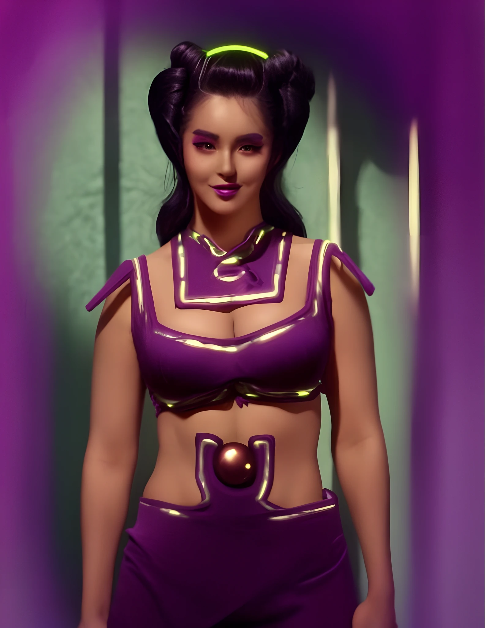 Bodacious curvaceous sultry Oriental woman, wearing purple & neon green makeup, elaborately coiffed black hair with large side rolls, wearing space bikini genie harem outfit