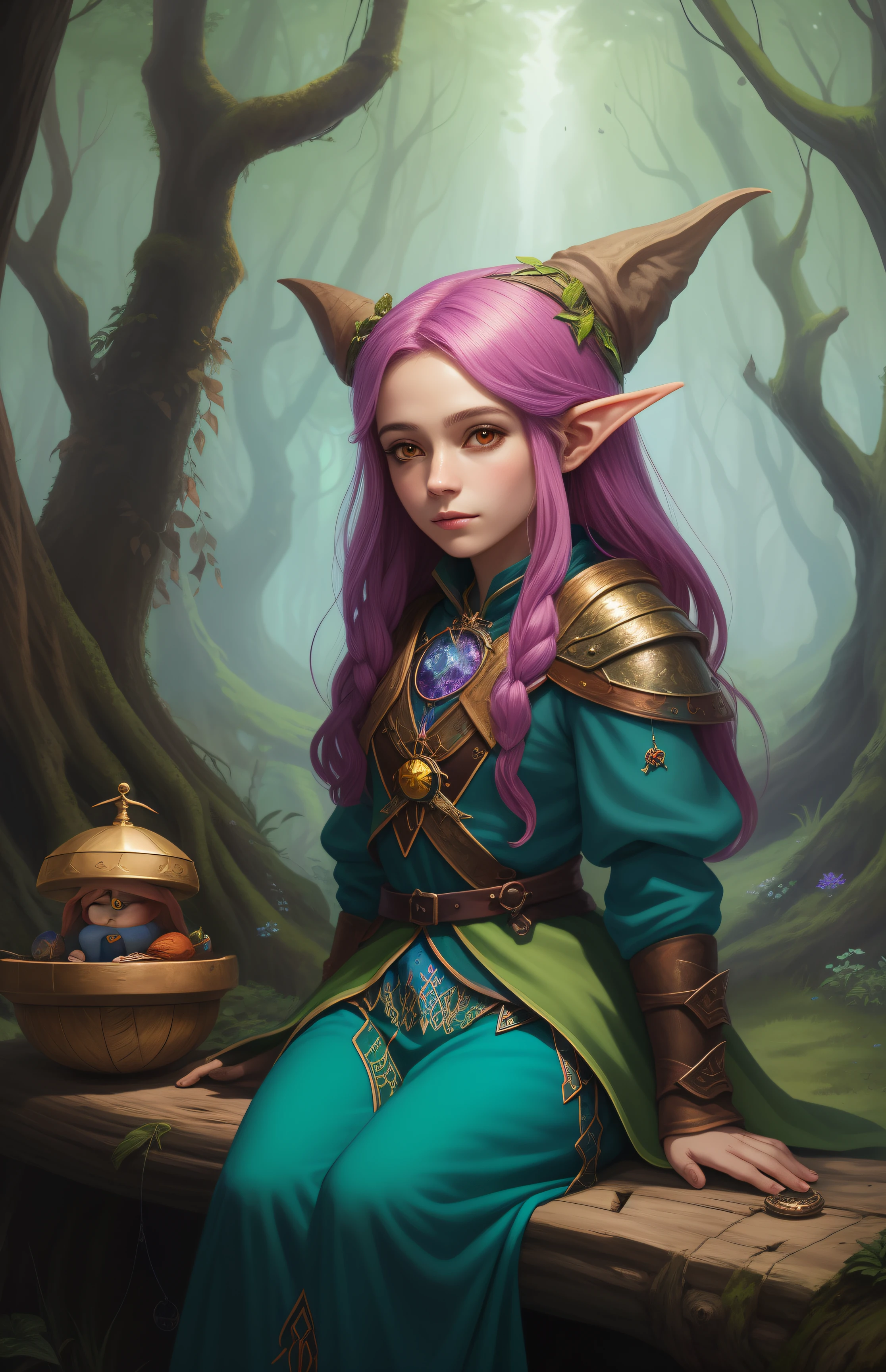 pintura de uma garota sentada em um tronco em uma floresta, retrato de um mago da floresta, mago bonito, arte de jogo de RPG, mago de fantasia, anime fantasy illustration, estilo de arte fantasia, arte de fantasia anime, magical fantasy 2 d concept art, magical concept art, uma jovem bruxa feminina, retrato de um mago, arte RPG, arte estilo fantasia, Female Gnome Artificer