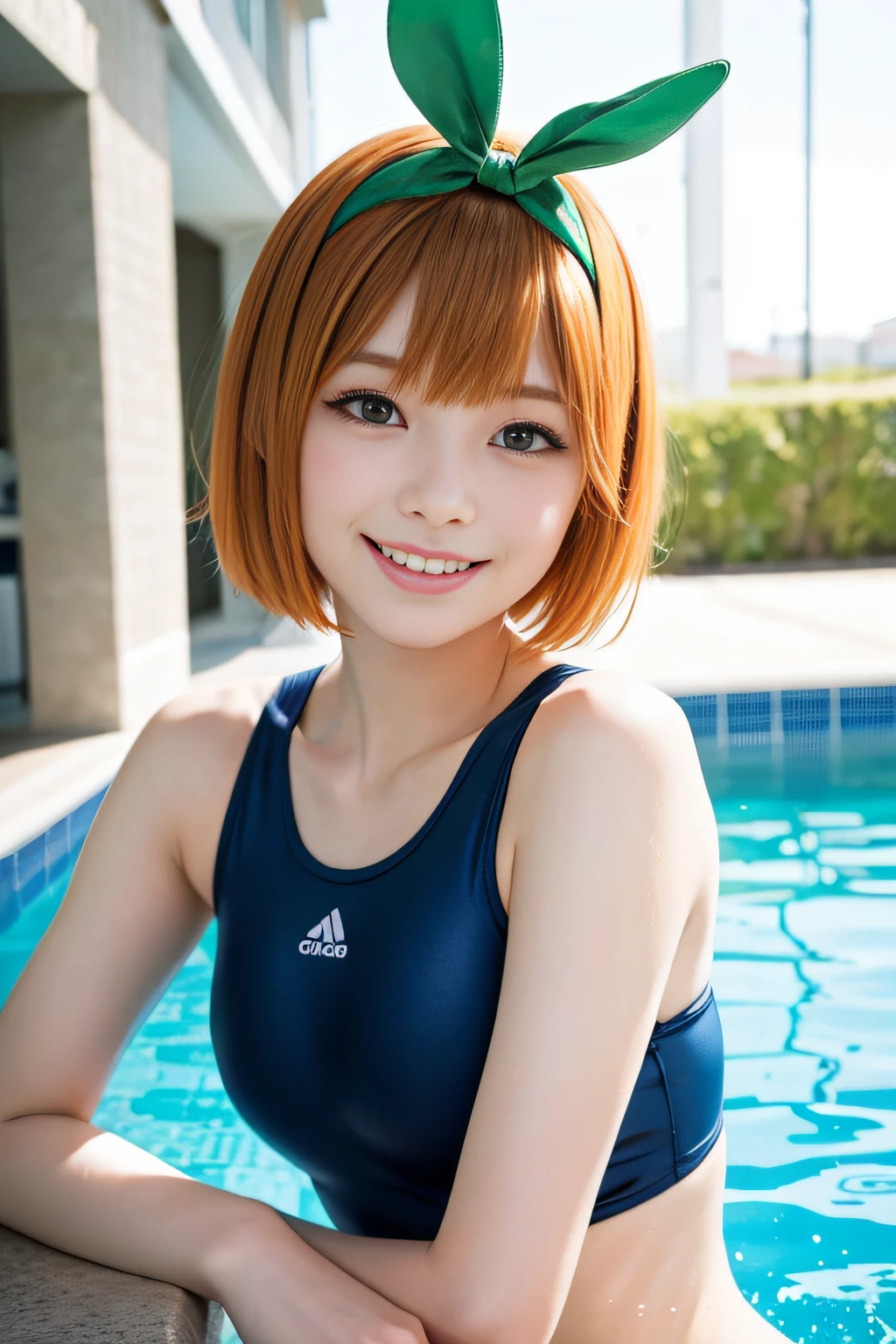Nakano Yotsuba, Short_hair, Bangs, Blue_Eyes, orange_hair, Hair Bow, Green Ribbon, hair_Bland_Eyes,A smile, School swim wear, Nasty poses, swimming pools