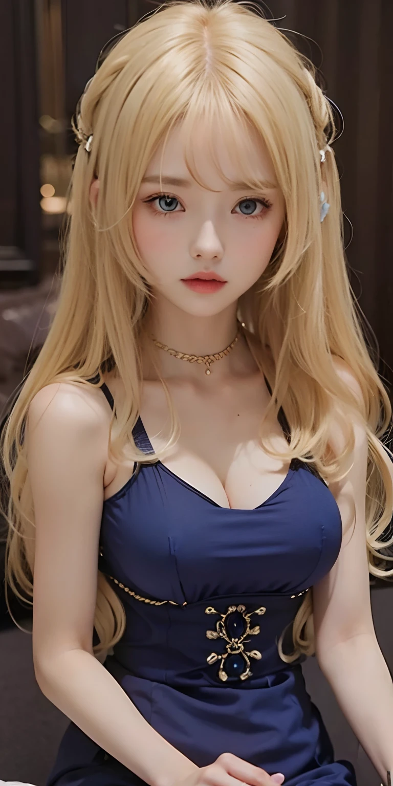 1girl,big breast,blonde hair,long hair,blue clothes