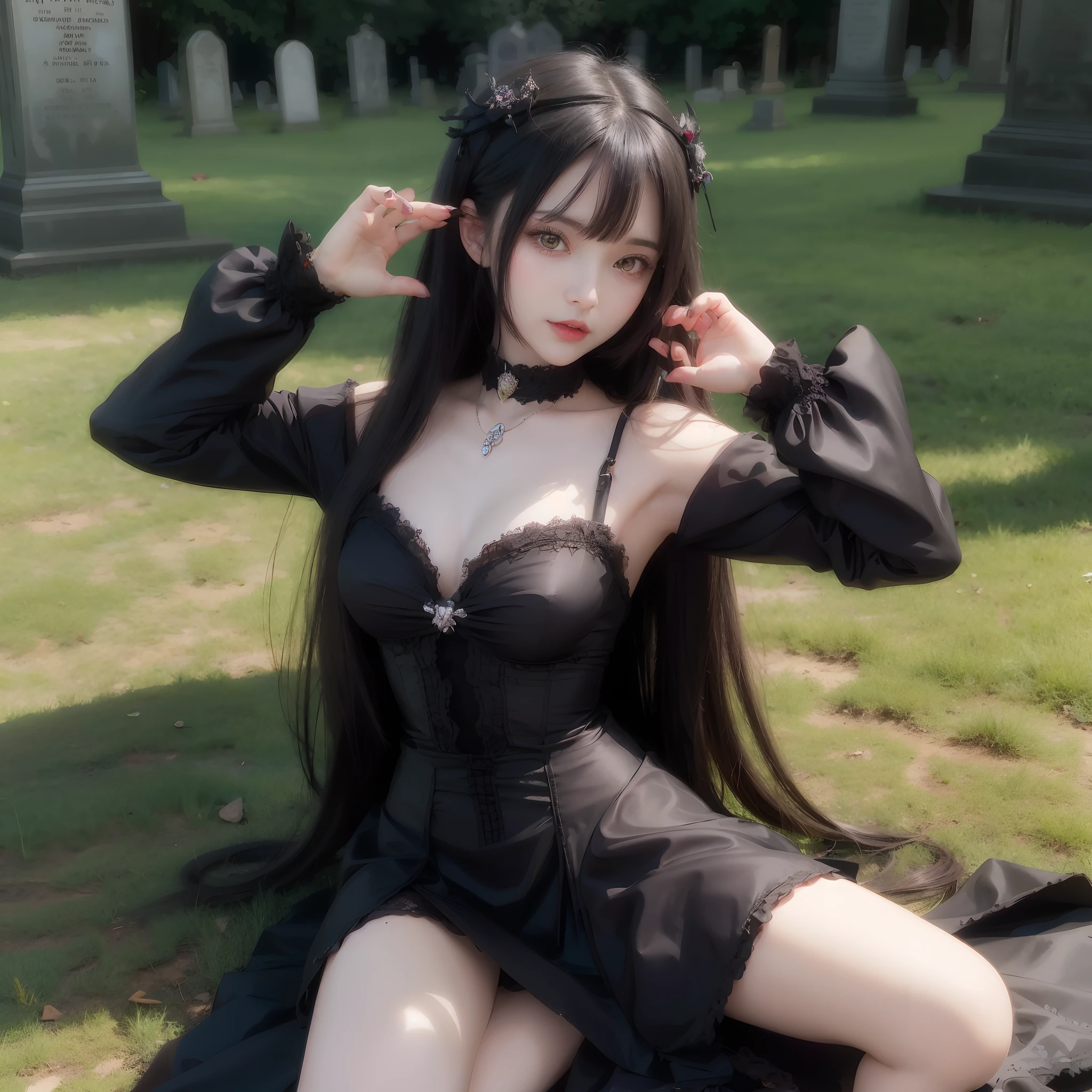anime - style illustration of a woman in a gothic dress in a cemetery, gothic maiden anime girl, goddess of death in a graveyard, beautifuly necromancer girl, demon anime girl, beautiful vampire queen, dark fantasy style art, gothic maiden of the dark, beautiful necromancer, vampire girl, gothic maiden, dark fantasy art, beautiful girl necromancer