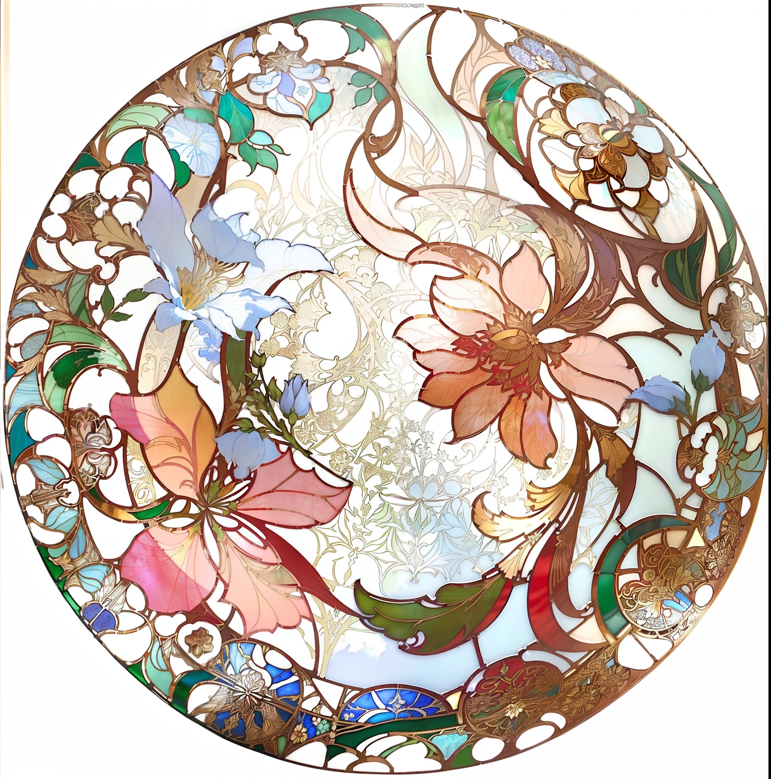 Round stained glass plates with flowers and leaves, stained glass style, Flowers. baroque element, in an art nouveau style, alsphonse mucha, (Art Nouveau), ( Art Nouveau ), stained glass art, art-deco, Maxim Verikhin stained glass, Alphonse Mucha. Highly detailed, translucent roses ornate, in an art nouveau style, paint-on-glass painting